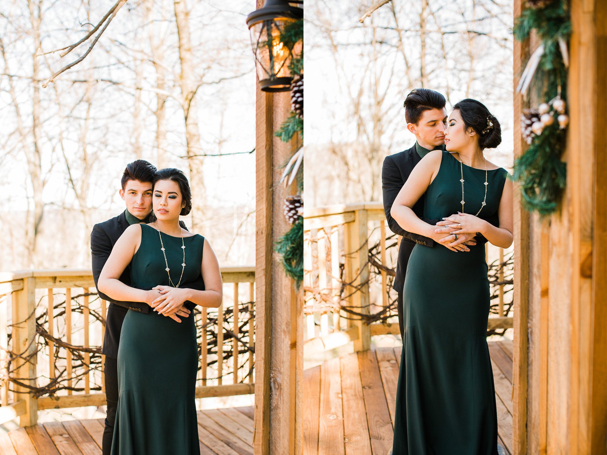 Elegant couple embrace during elopement at The Mohicans' Nest Treehouse