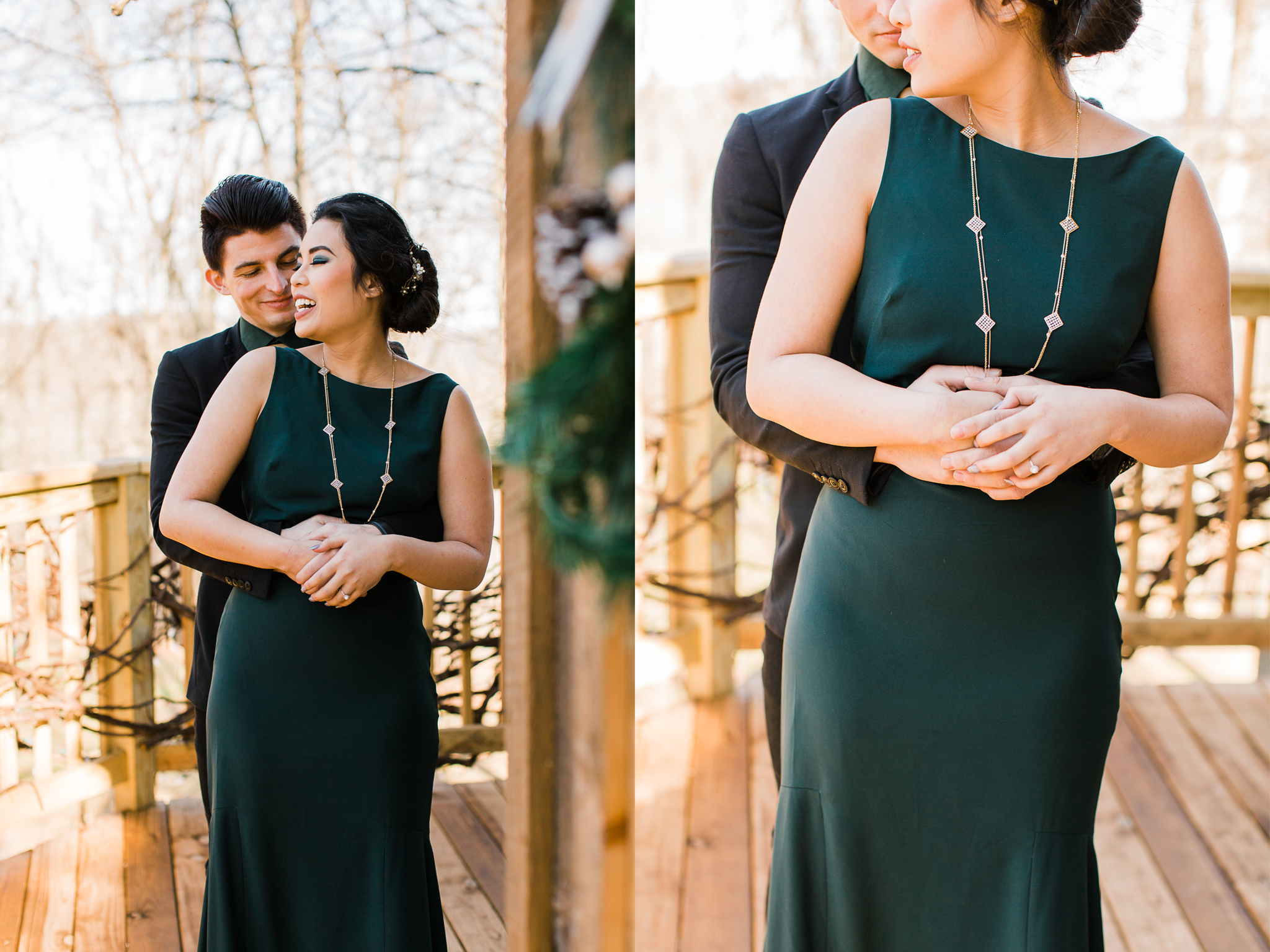 Eloping couple embraces at The Mohicans' Nest Treehouse