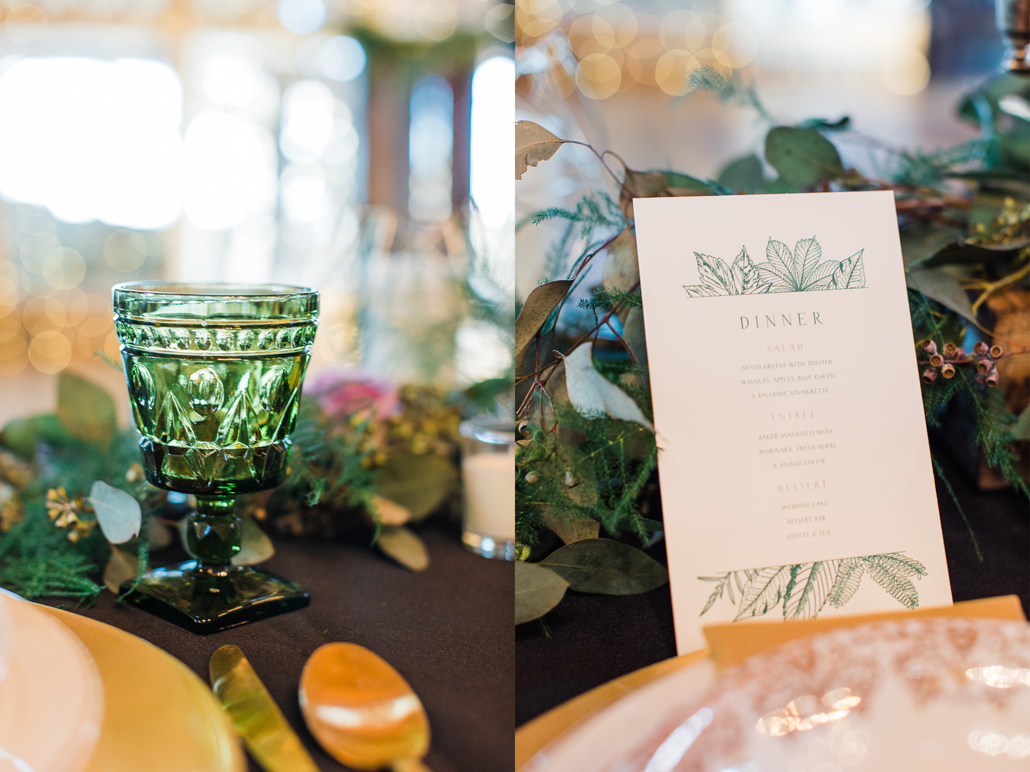 Elegant elopement dinner details at the hall at The Mohicans' Grand Barn