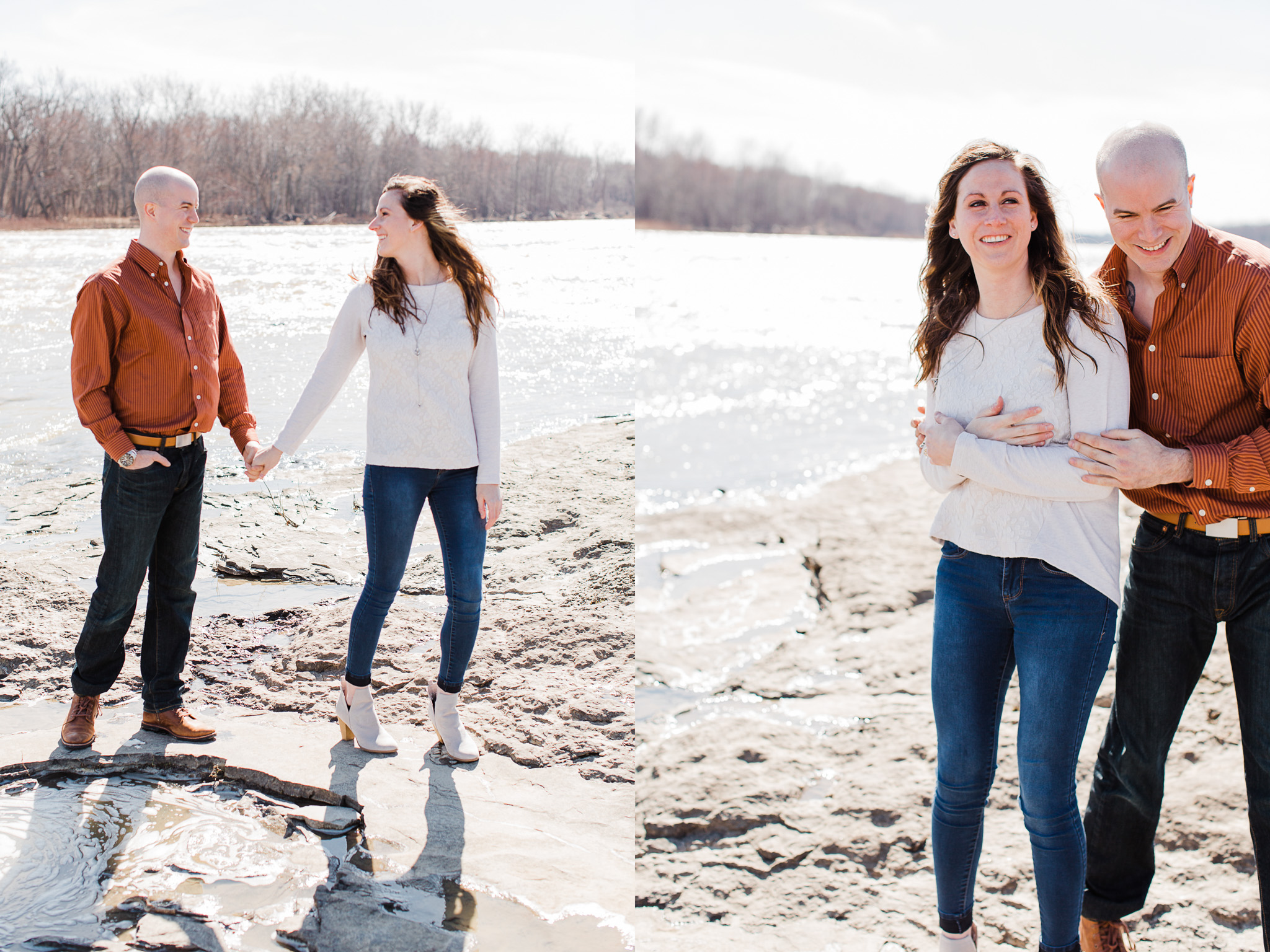 couple embracing playfully during engagement session in traverse city michigan
