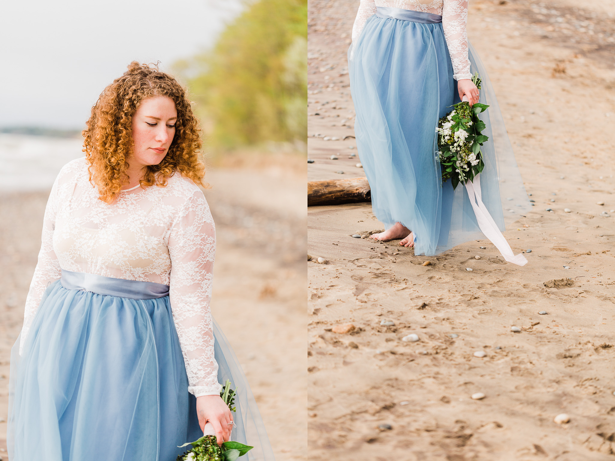 bride in dusty blue wedding dress on a Michigan beach holding a bouquet