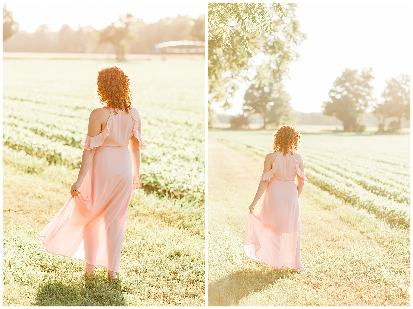 Woman in pink dress dancing in field at Covered Bridge Farm