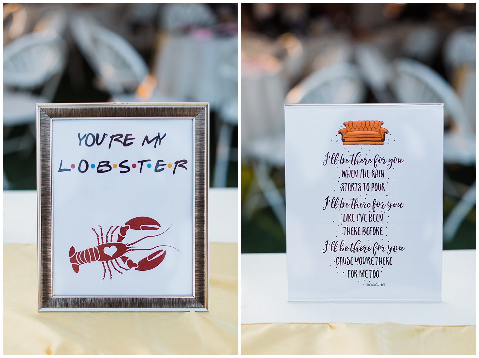 Fun signs to decorate a friends themed wedding.