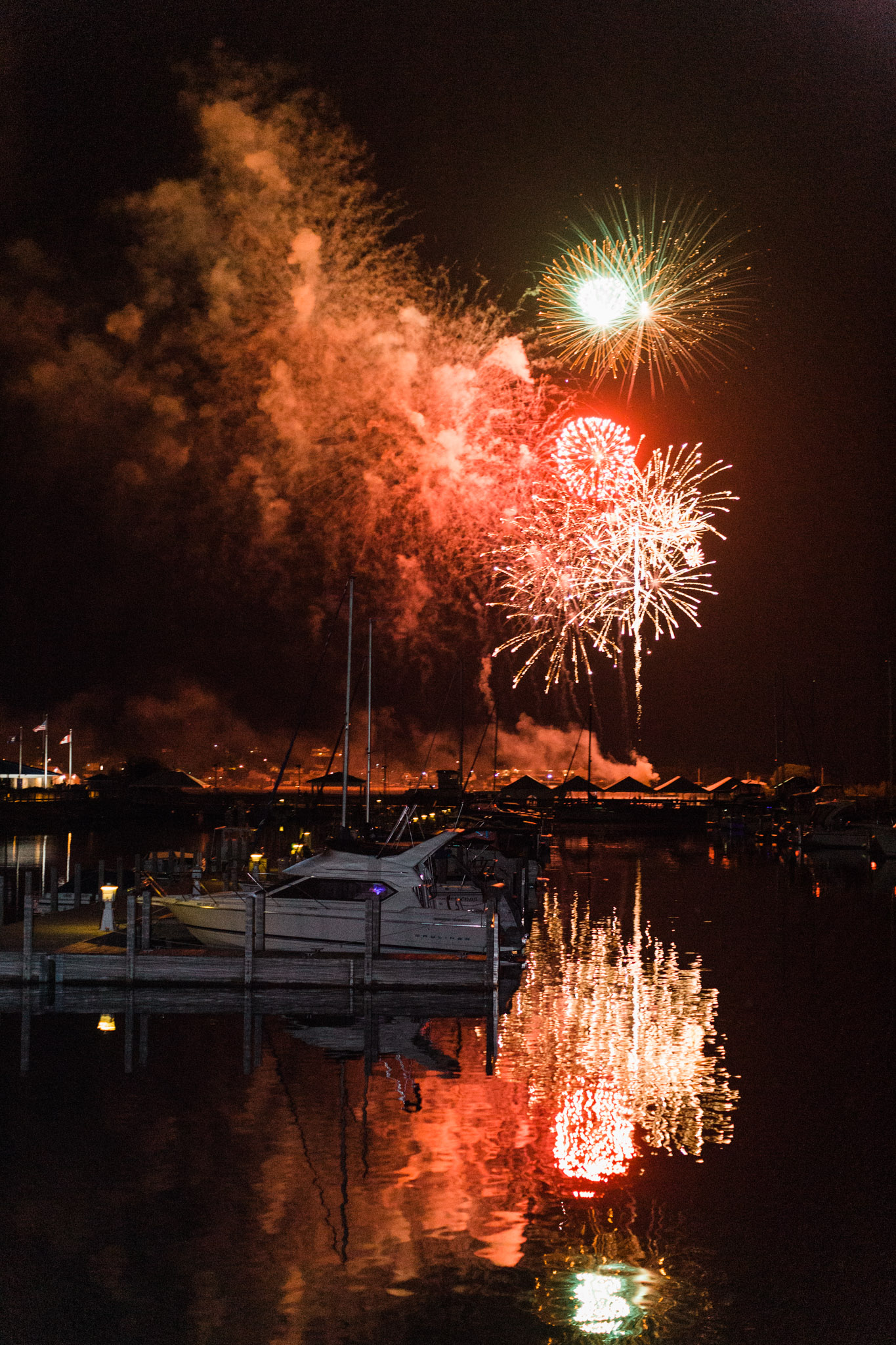 Fireworks over the bay to finish off a Mackinac wedding day.