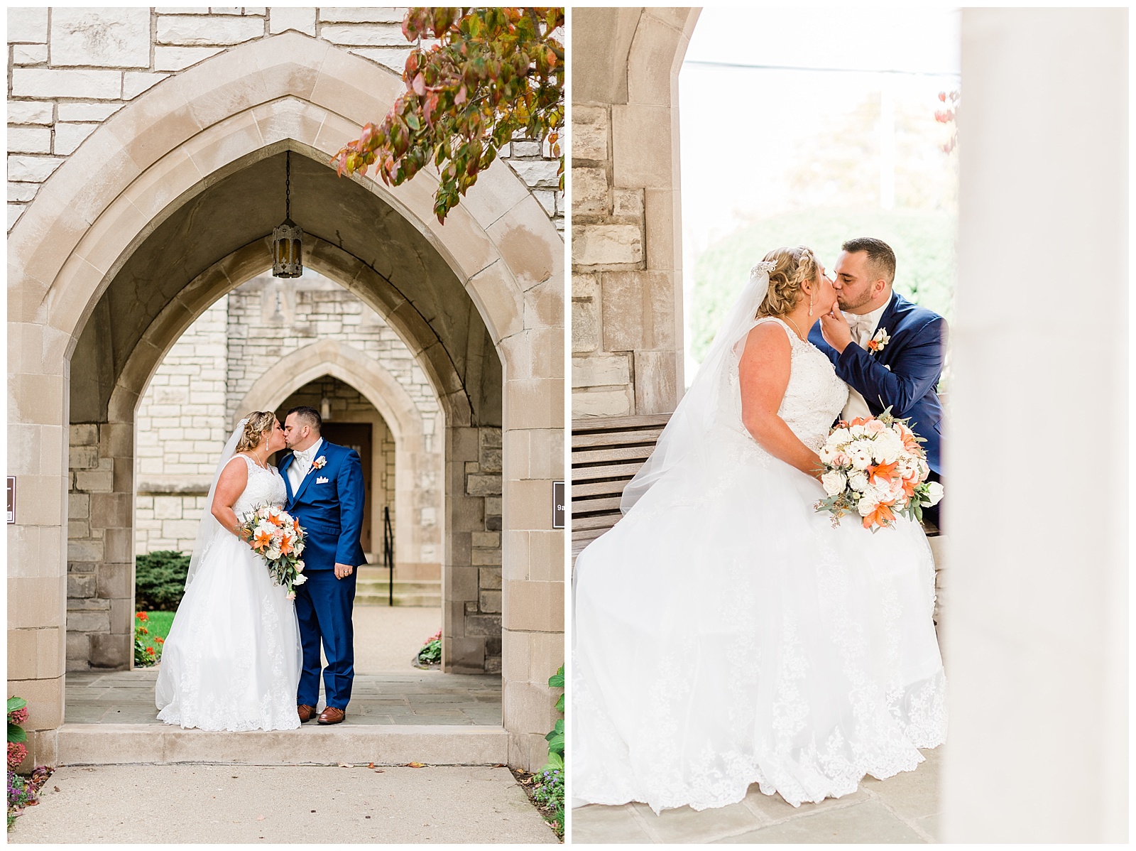 Bride and groom kiss in alcove at St. Paul Lutheran Church in Dearborn. 