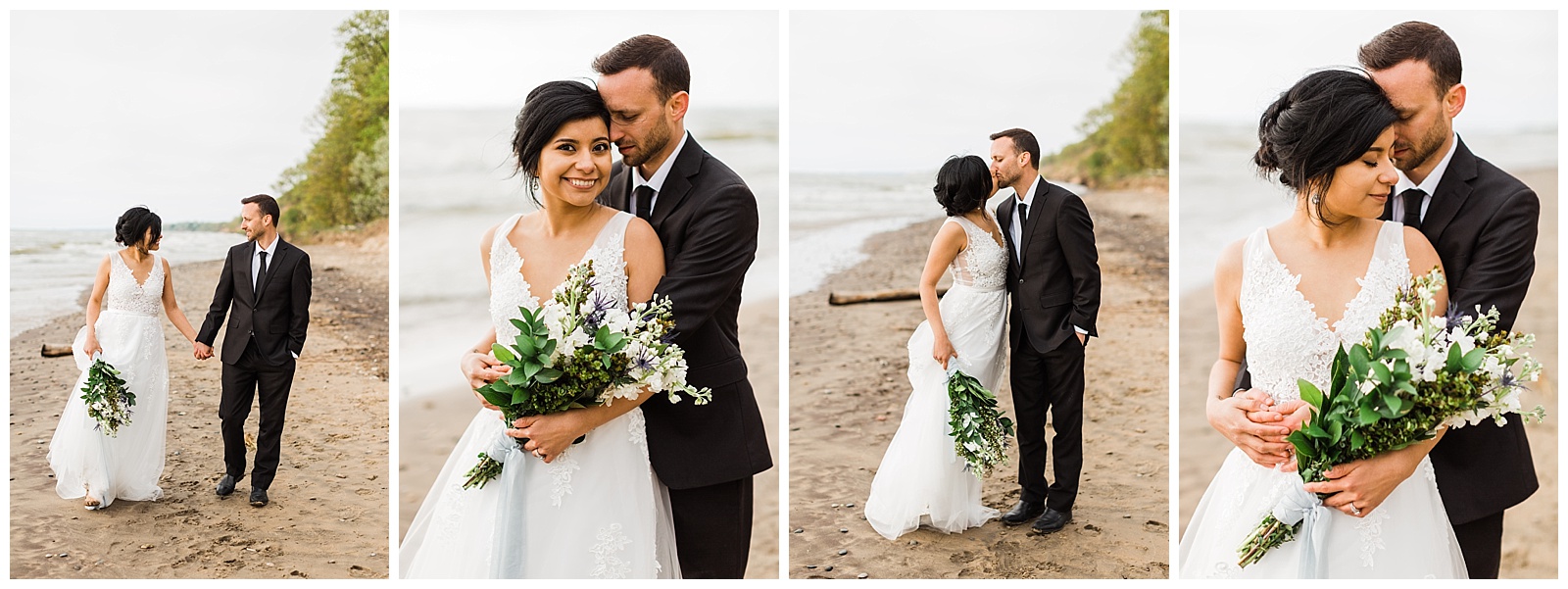 Bride and groom portraits on Traverse City beach during Northern Michigan beach wedding.