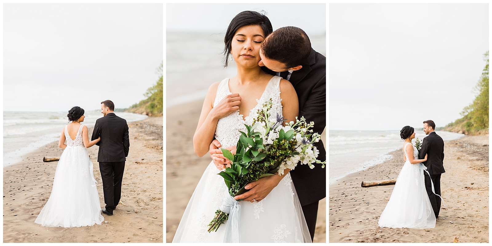 Groom kisses bride's neck during Northern Michigan beach wedding.