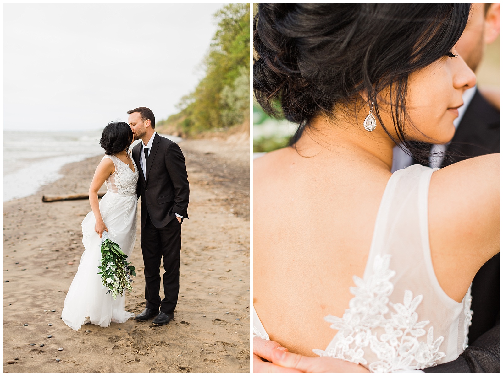 Bride and groom portraits on a Michigan beach by Traverse City photographer.