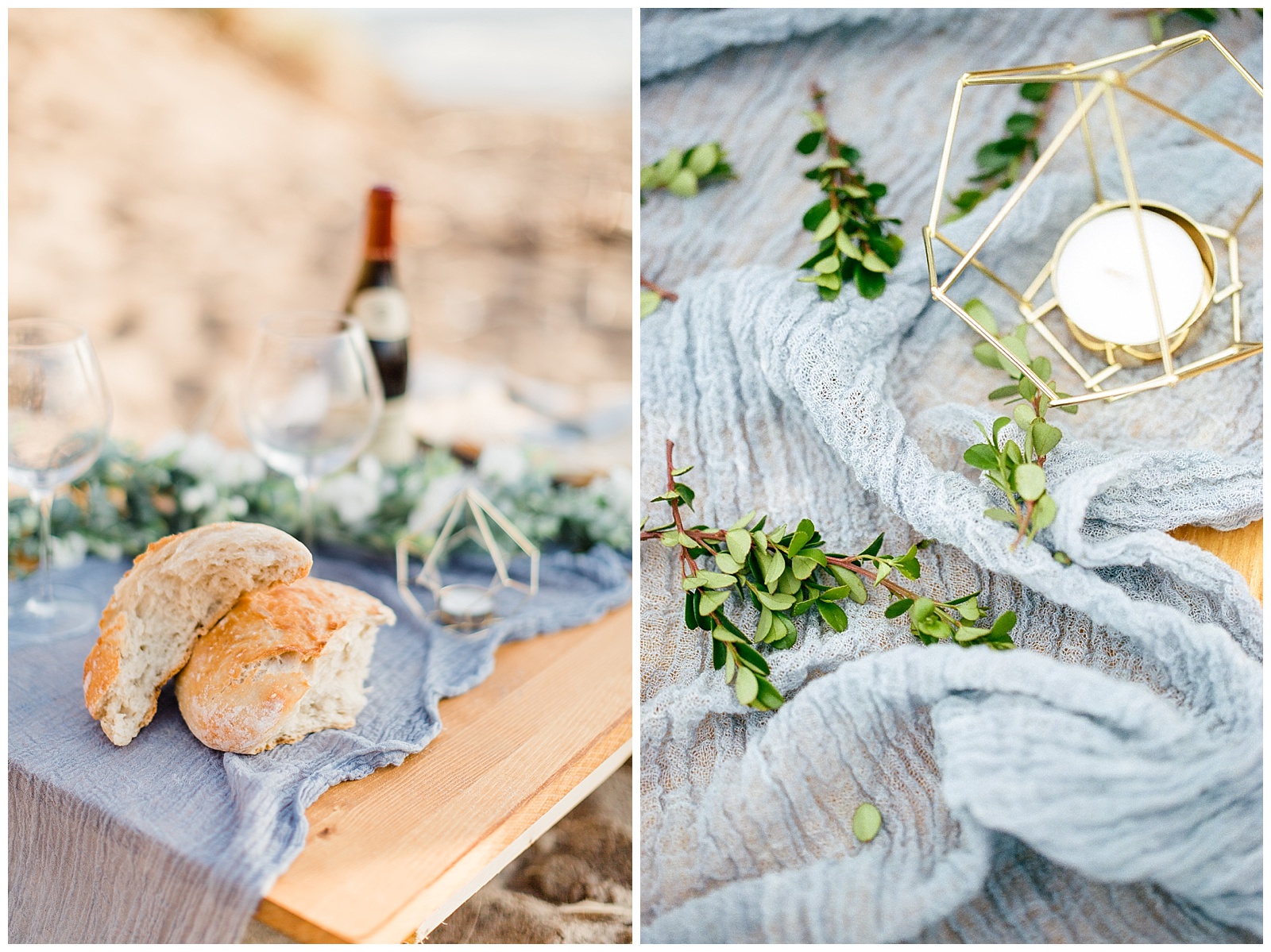 Dusty blue table details during Northern Michigan beach wedding in Traverse City, Michigan.