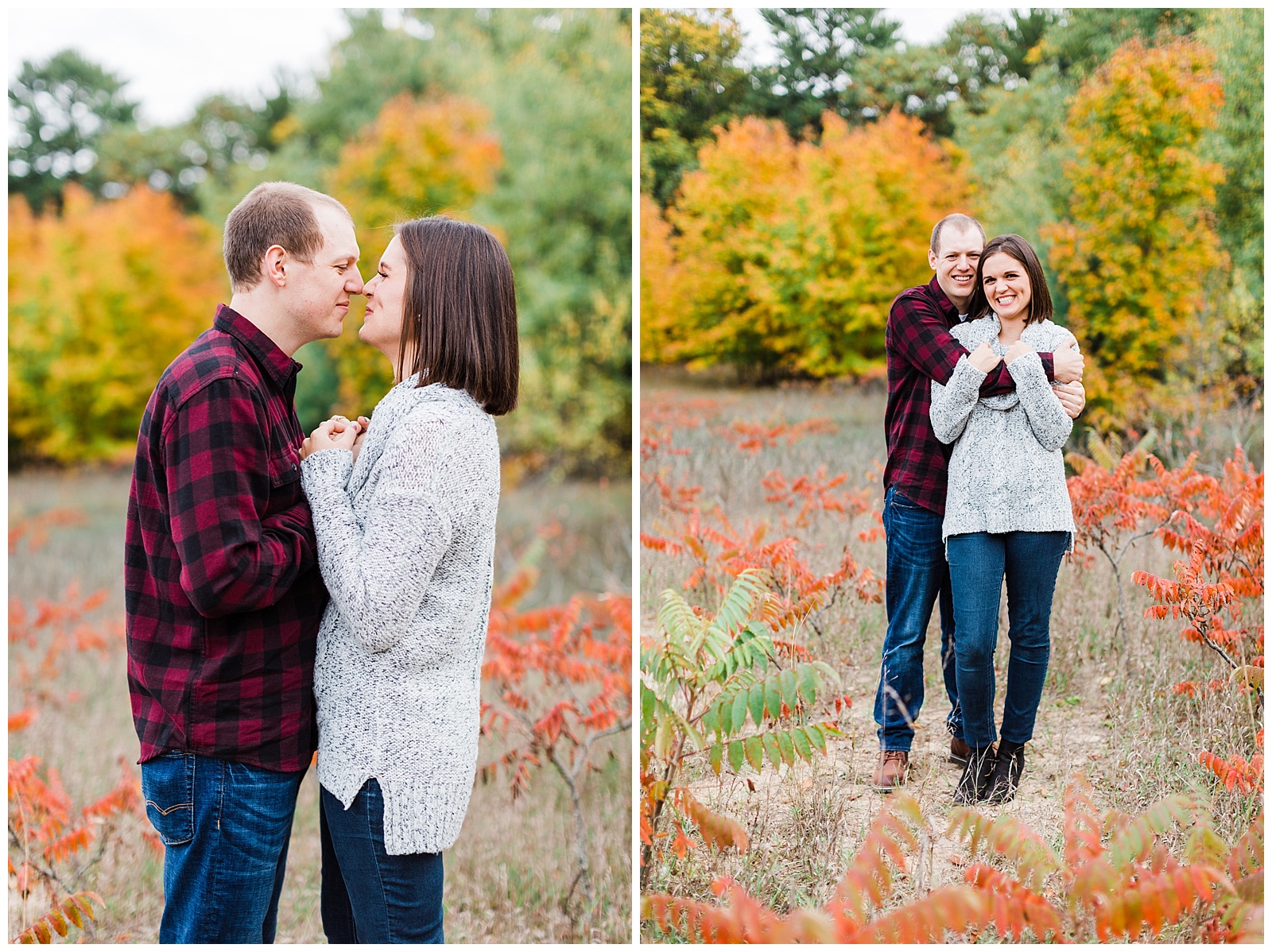 Couple embracing during Traverse City engagement photography session at Pelizzari Natural Area in Traverse City, Michigan.