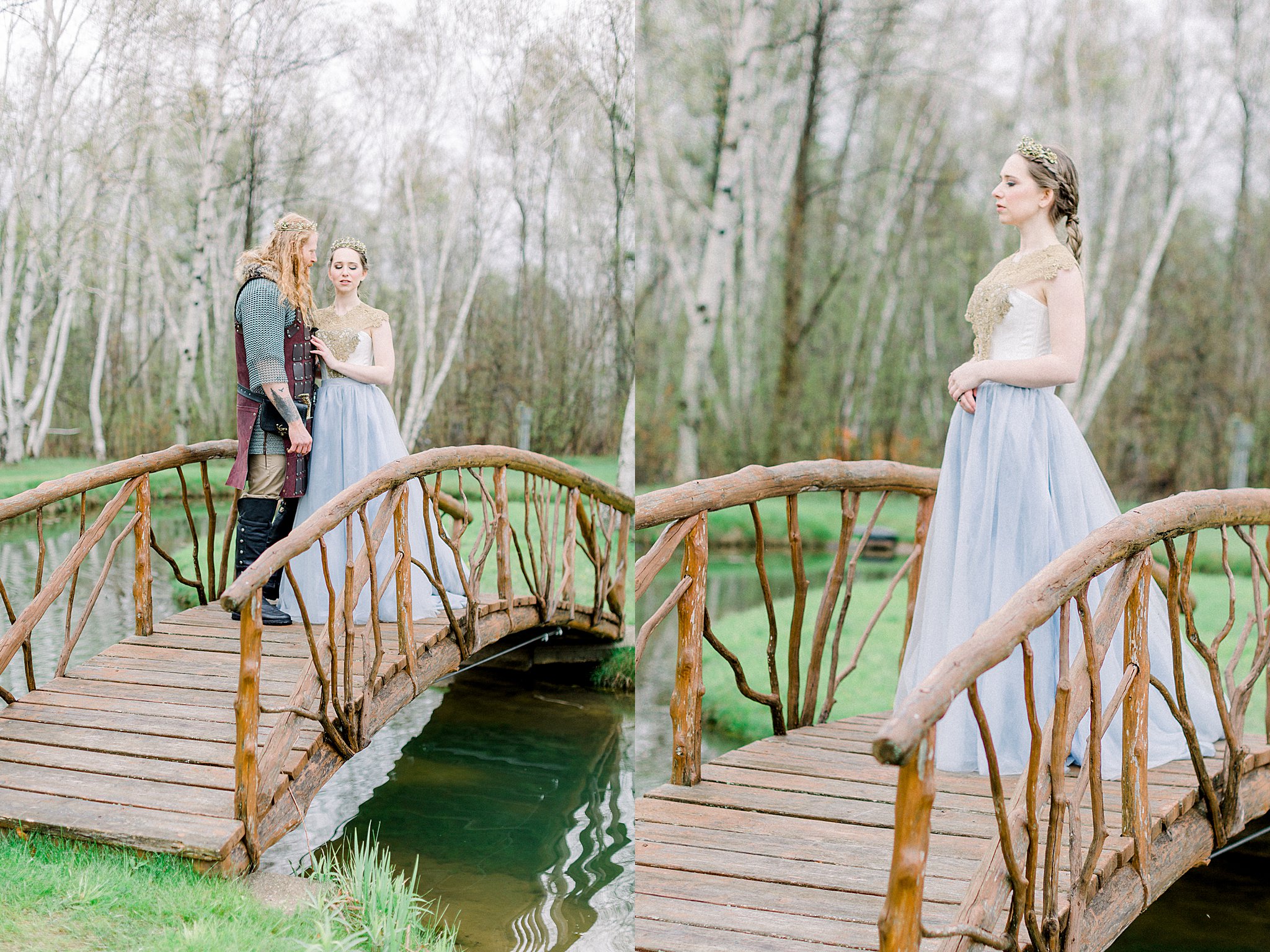Bride and groom stand on small bridge at Castle Farms wedding during Game of Thrones wedding.