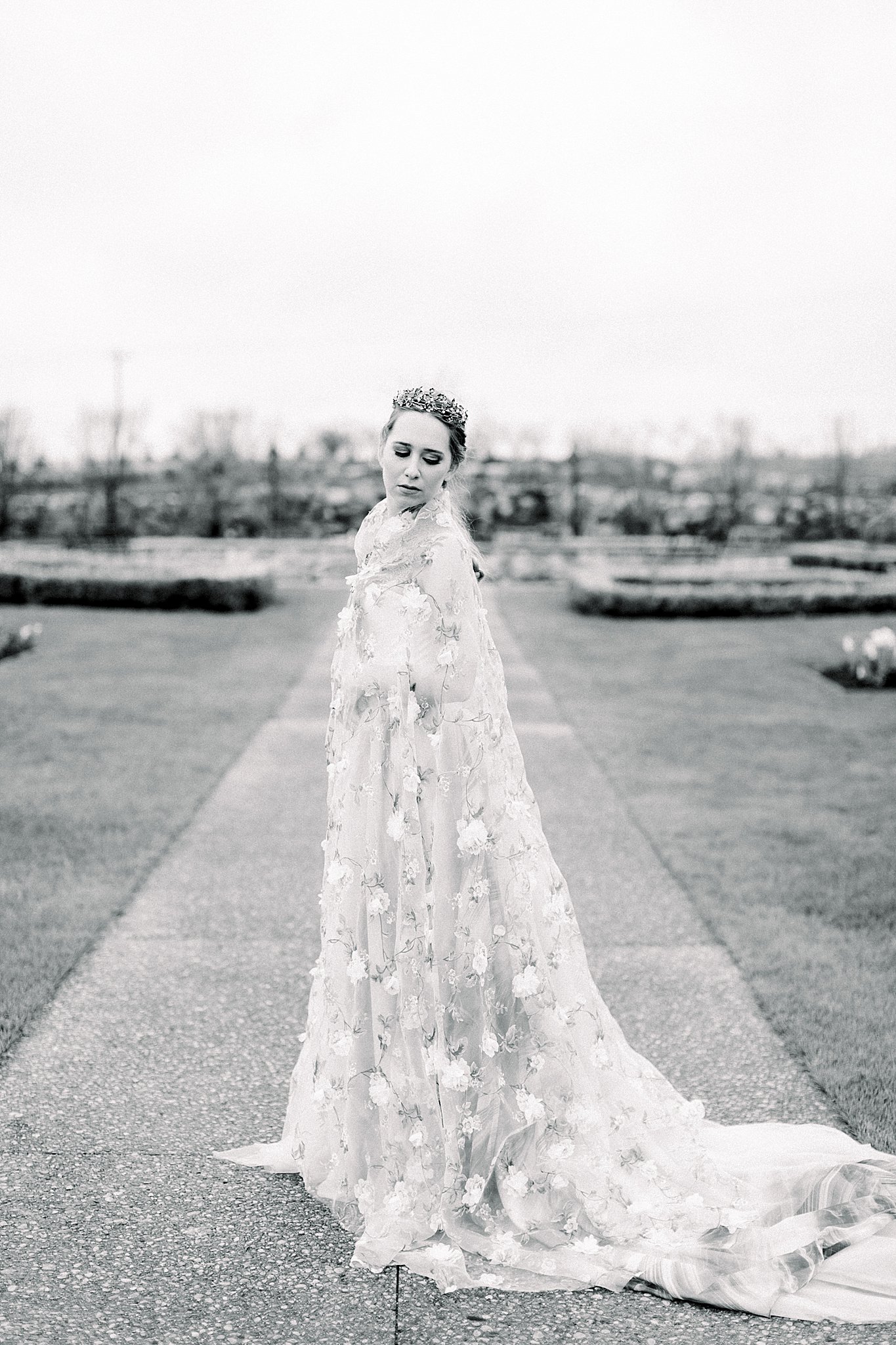 Black and white bridal portrait on Castle grounds for Game of Thrones wedding at Castle Farms in Charlevoix, Michigan.