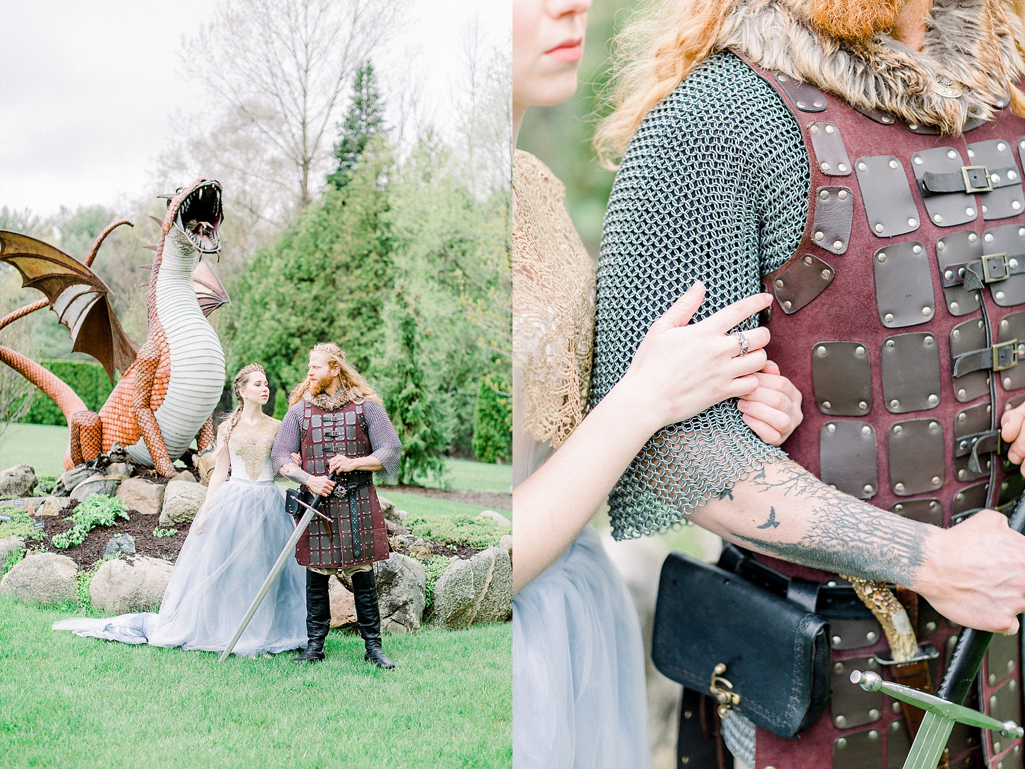 Game of Thrones wedding couple poses in front of dragon at Castle Farms in Charlevoix, Michigan.