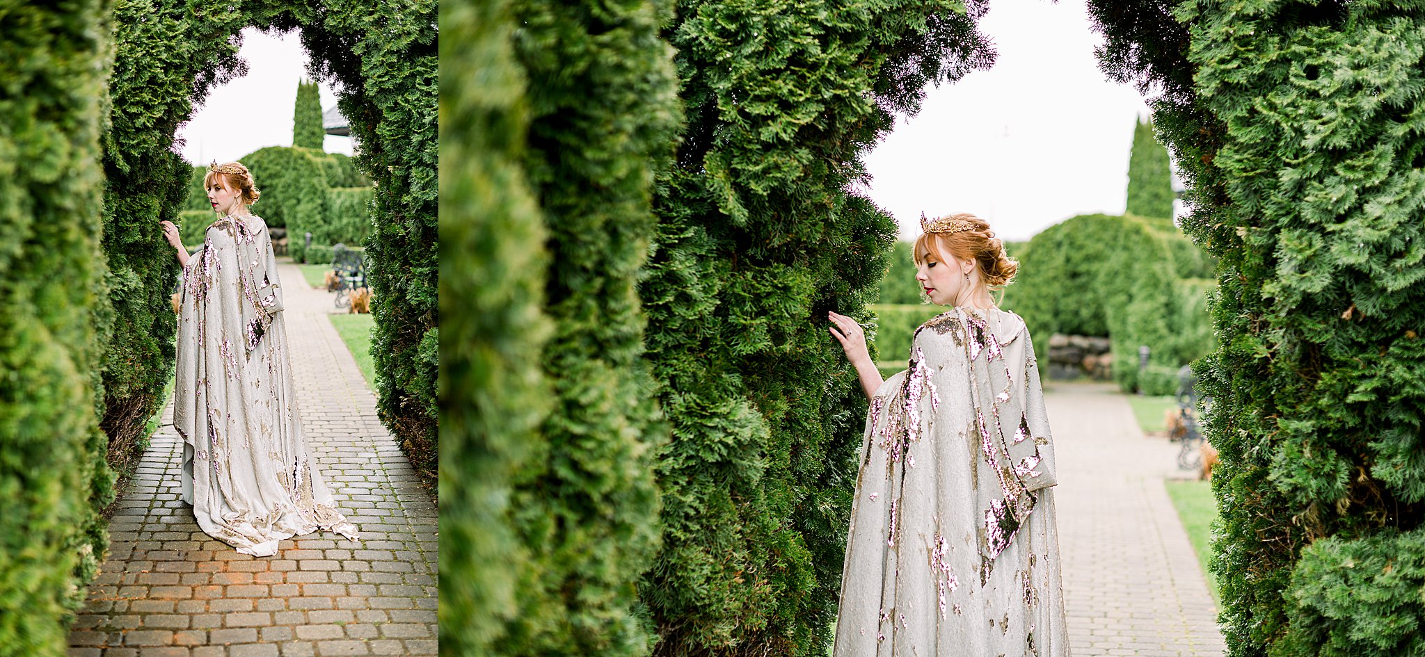 Bride explores hedges for Game of Thrones wedding in Butterfly Garden at Castle Farms in Charlevoix, Michigan.