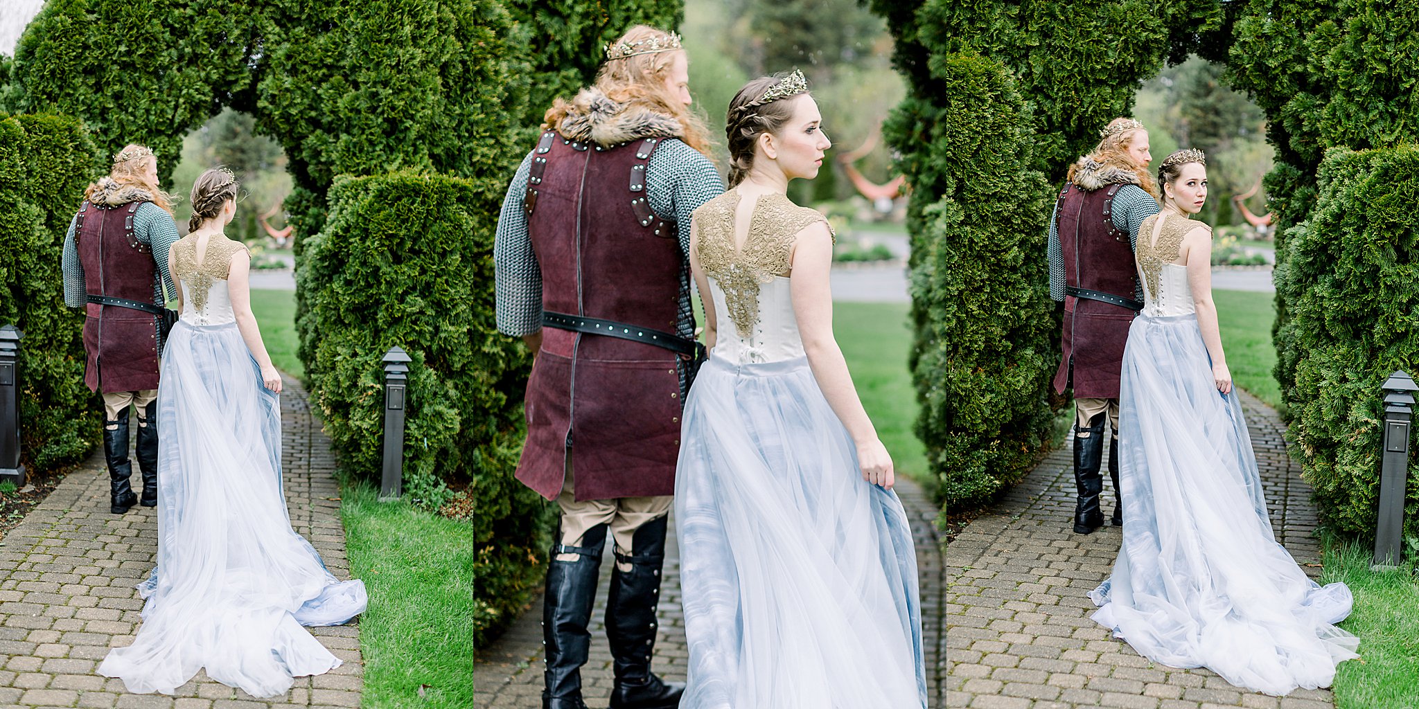 Bride and groom explore gardens at Castle Farms wedding.