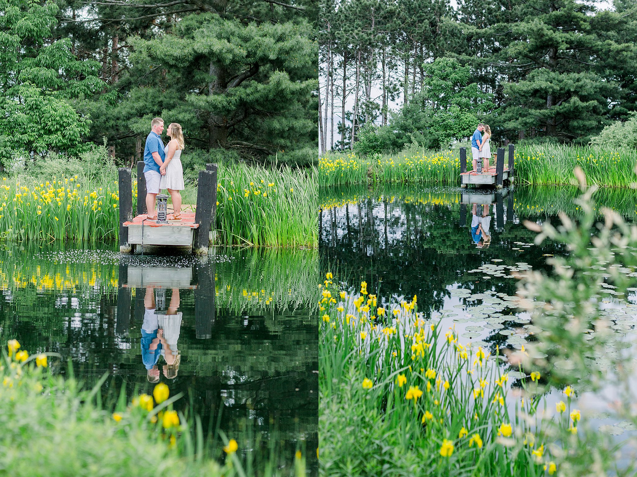 Couple kisses on a dock during Grand Traverse Bay engagement session.