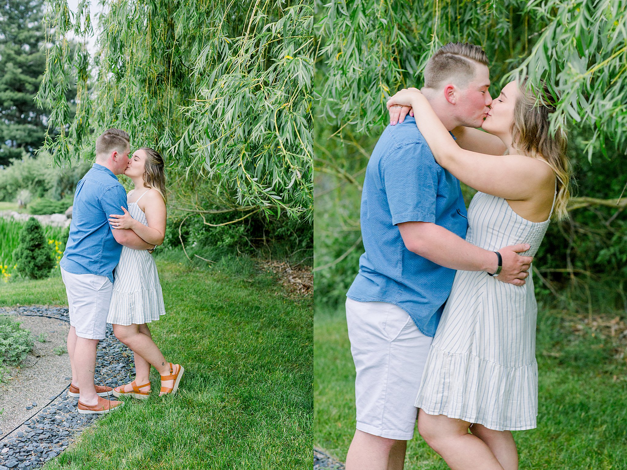 Couple kisses under a willow tree during Grand Traverse Bay engagement session.