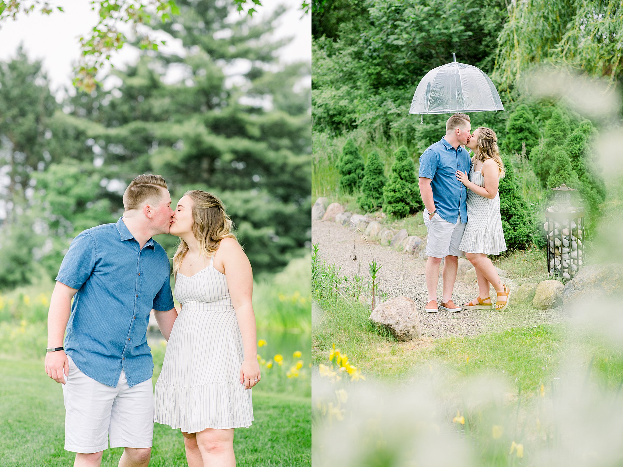 Couple kisses under umbrella during Grand Traverse Bay engagement session.