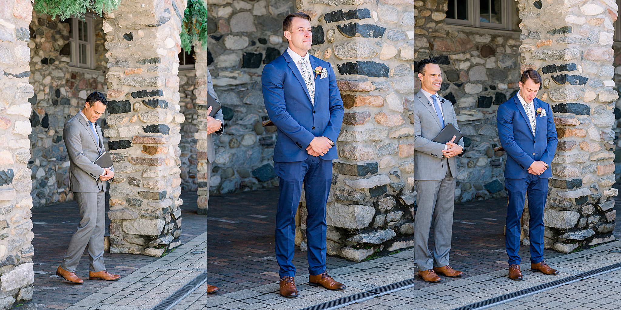 Groom reaction to seeing bride during Spring Castle Farms wedding ceremony.