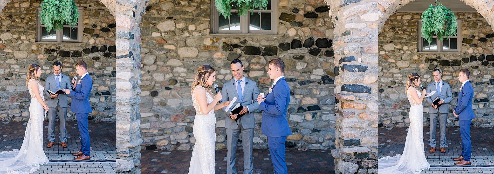 Bride and Groom say vows during Queen's Courtyard wedding ceremony at Spring Castle Farms wedding.