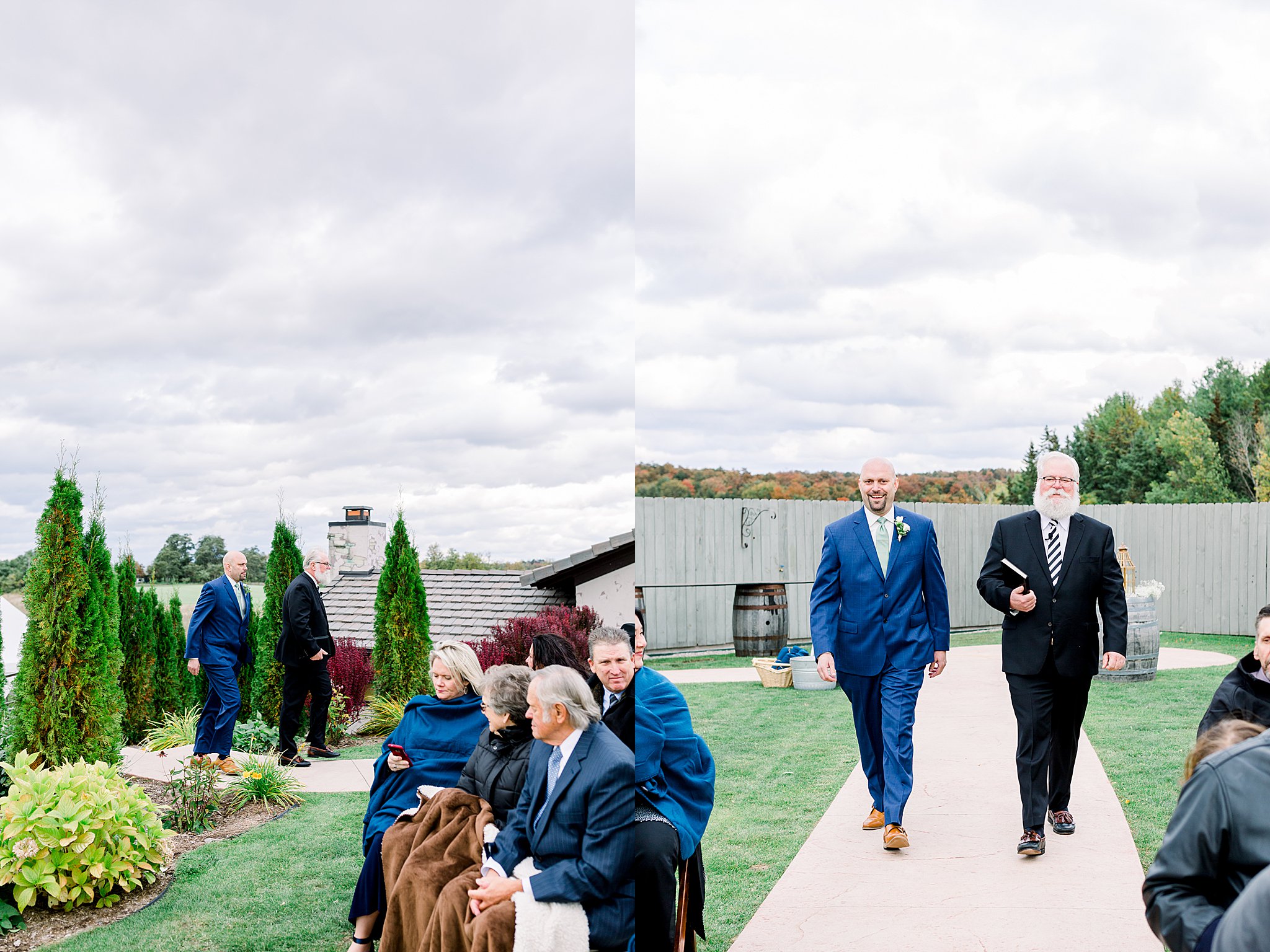 Groom walks down the aisle during terrace ceremony at Aurora Cellars wedding.