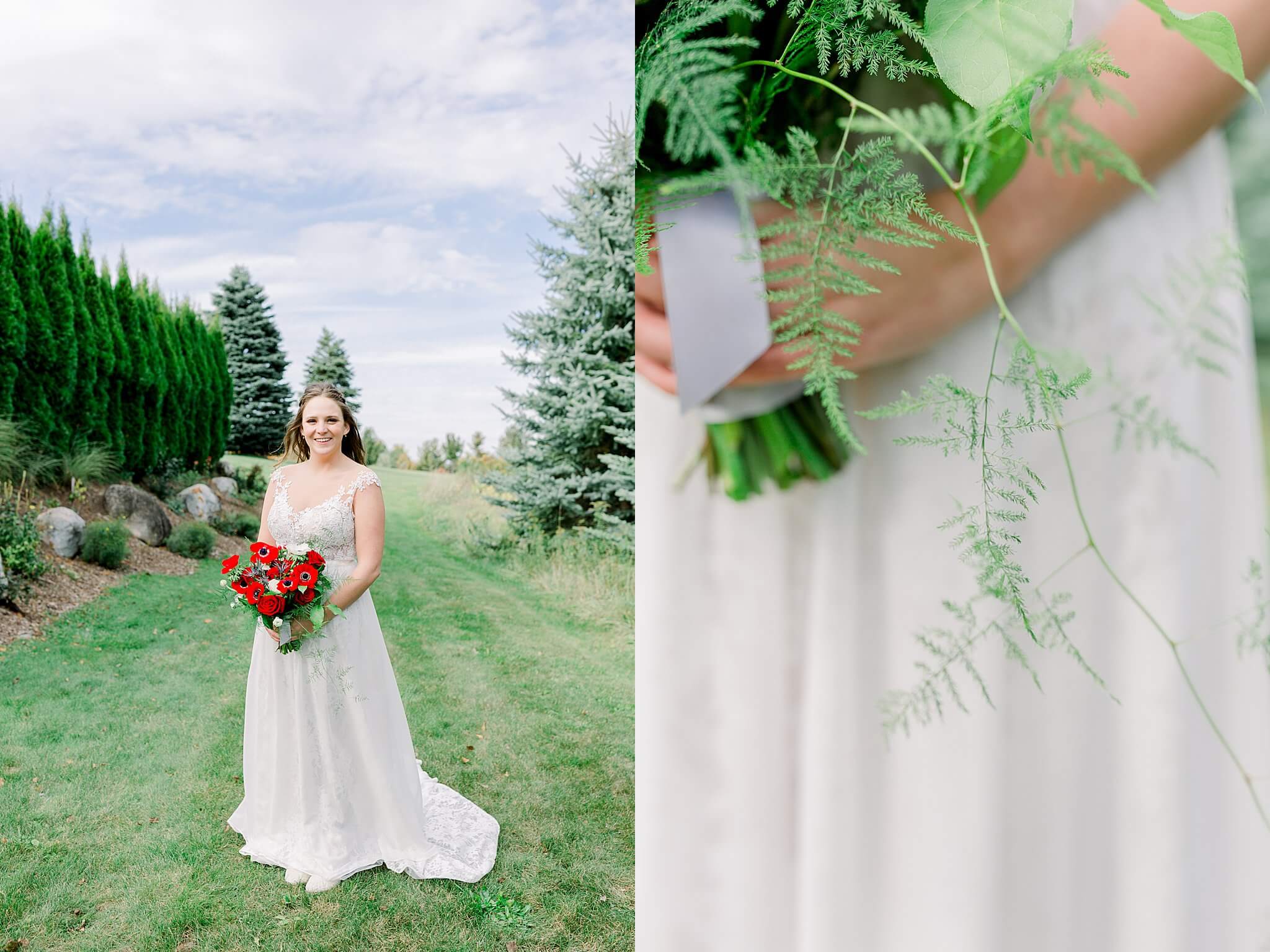 Bride smiling holding bouquet during Timberlee Hills Wedding in Traverse City, Northern Michigan.