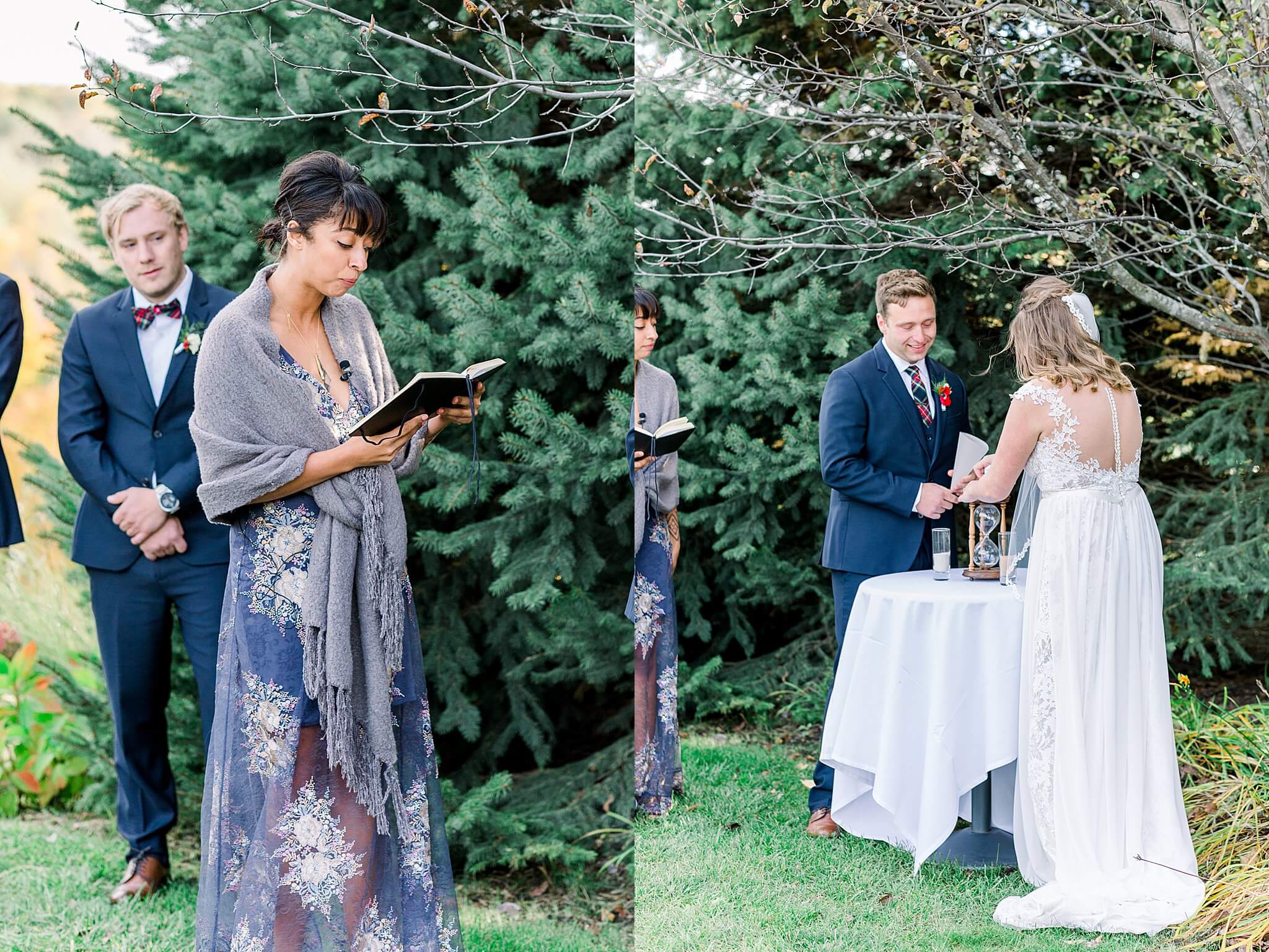 Bride and groom fill hourglass during unity ceremony at Timberlee Hills Wedding in Traverse City, Northern Michigan.