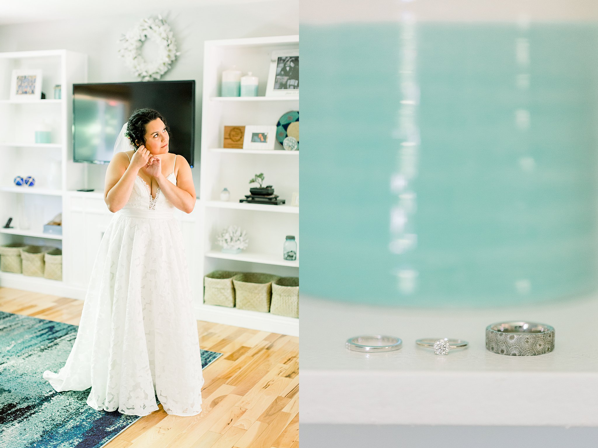 Bride putting earrings in while getting ready for her Northern Michigan Intimate Wedding