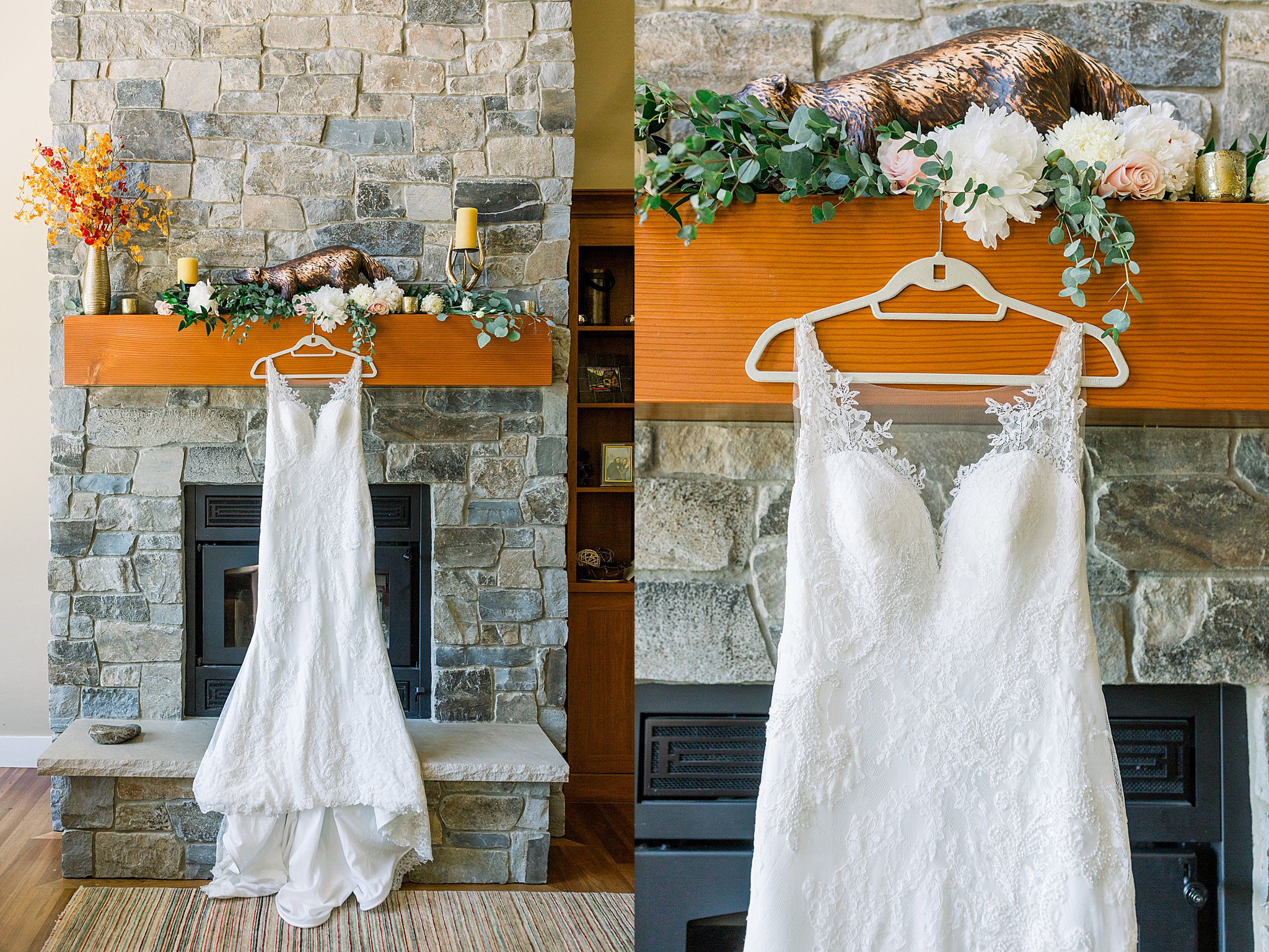 Dress hanging over fireplace at intimate Lake Michigan wedding