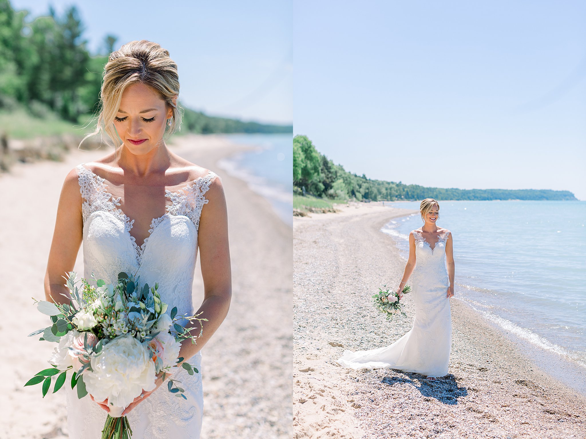 Bridal portraits at private beach on Lake Michigan for intimate Lake Michigan wedding.