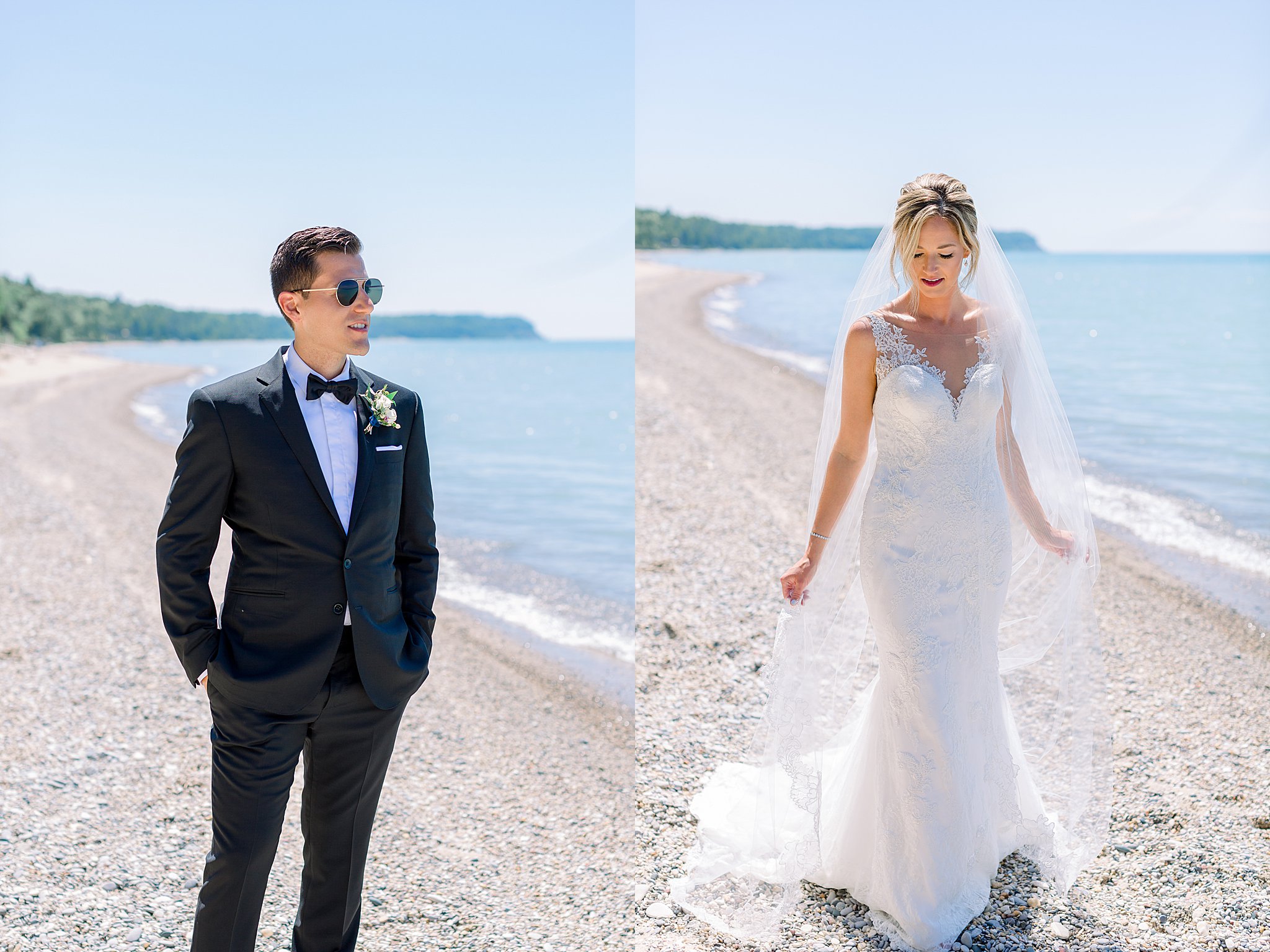 Portraits of bride and groom during their intimate Lake Michigan wedding.