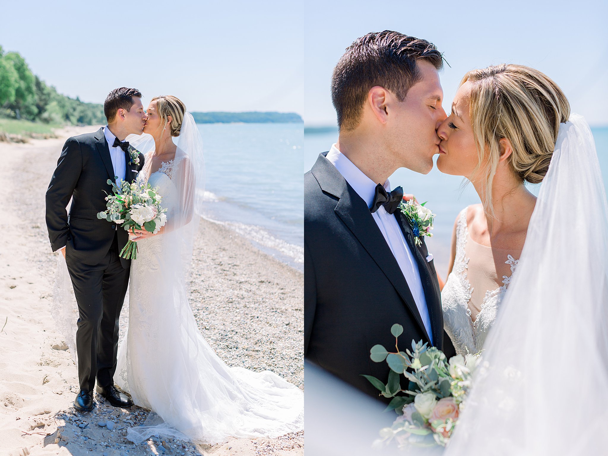 Bride and groom kiss on lakeshore during intimate Lake Michigan wedding.