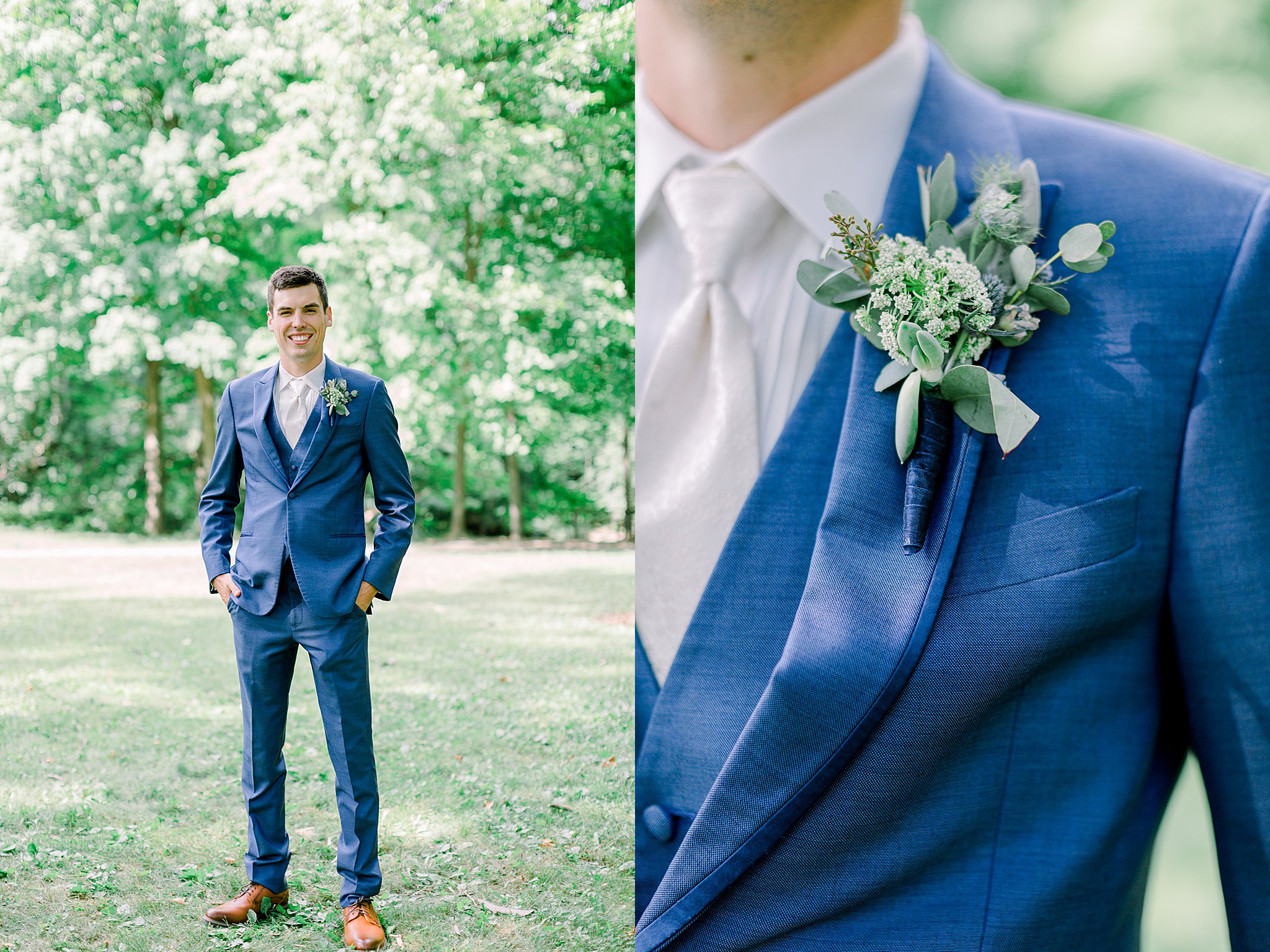 Groom poses for a portrait during Michigan July wedding.