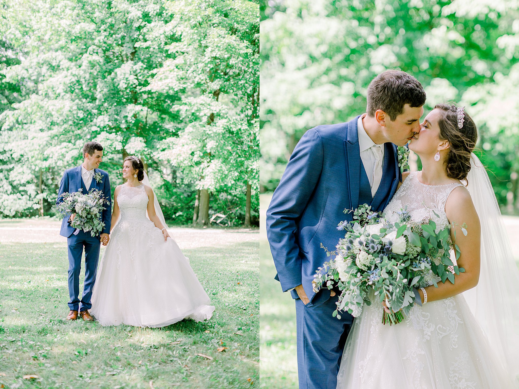 Bride and groom walk hand in hand during Michigan July wedding and share a kiss.