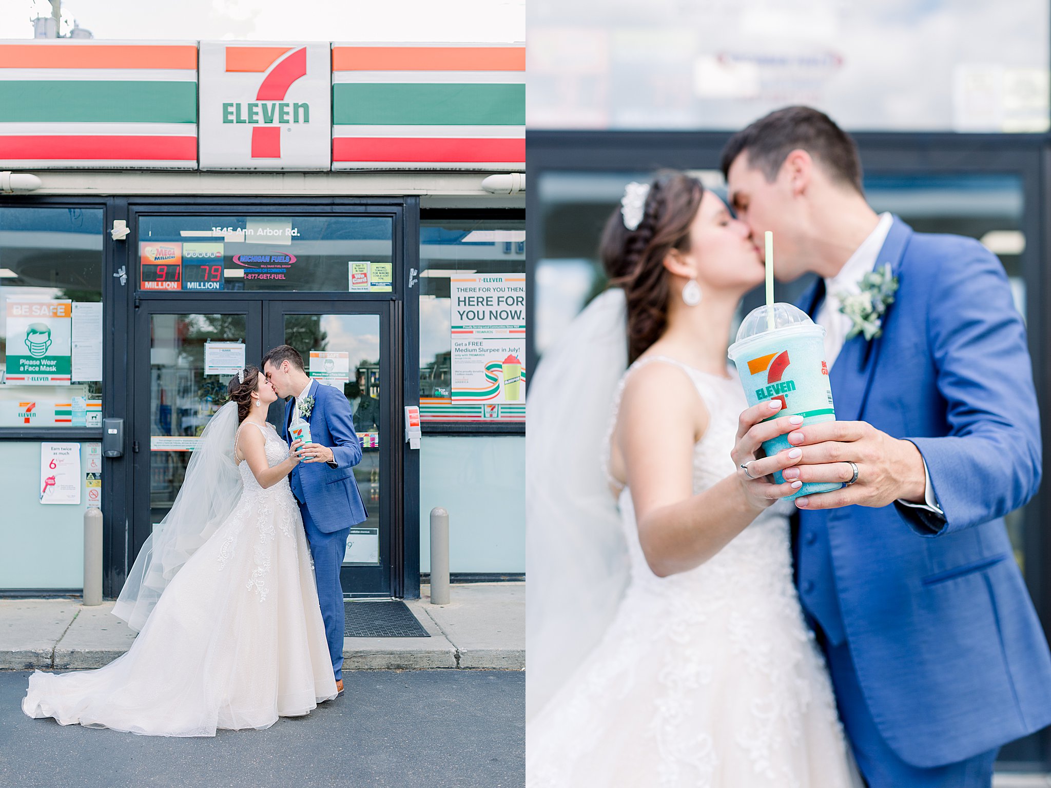 Bride and groom kiss in front of a 7/11 after getting slushies on their Michigan July wedding day.