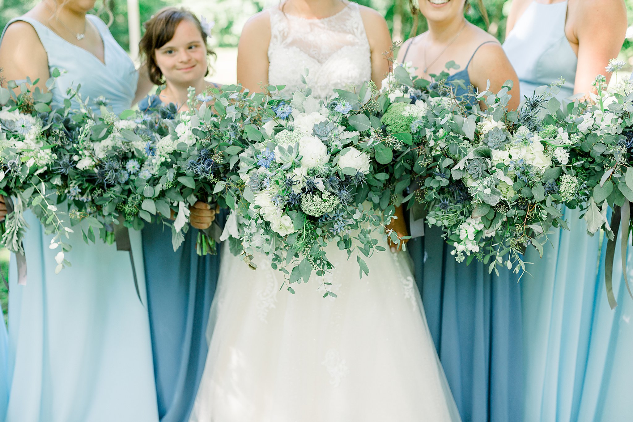 Stunning baby blue and white florals for Michigan July wedding. 