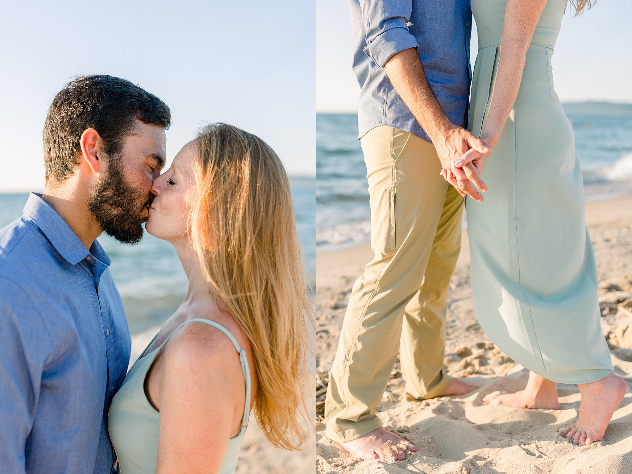 Bride and groom kiss and hold hands on Lake Michigan beach during Peterson Beach Sleeping Bear Dunes engagement session.