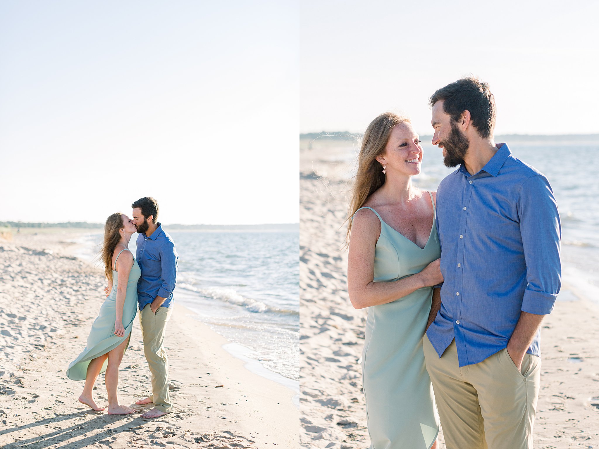 Bride kisses groom during Peterson Beach Sleeping Bear Dunes engagement session.