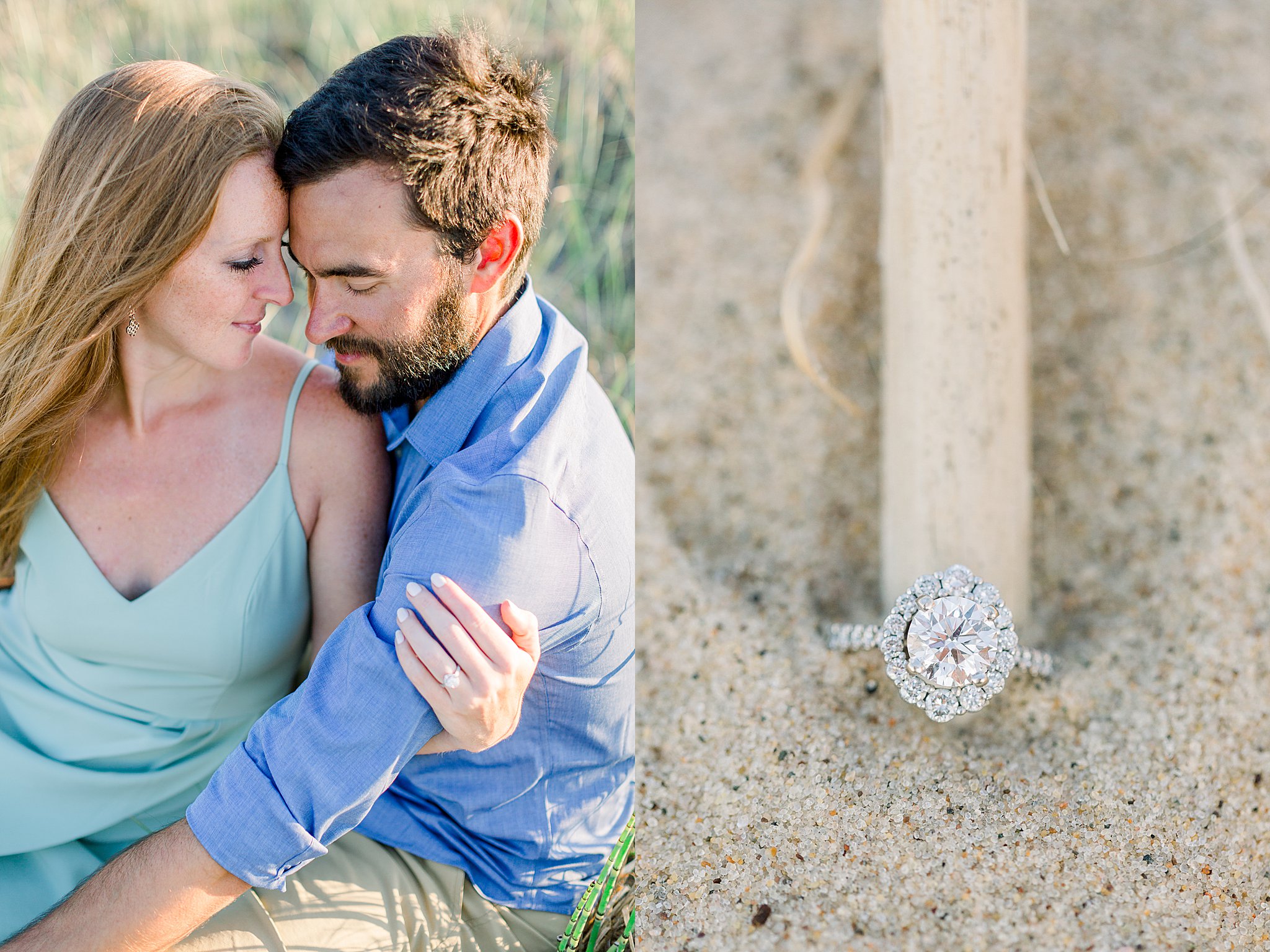 Couple snuggles in grass on Michigan lakeshore during Peterson Beach Sleeping Bear Dunes engagement session.