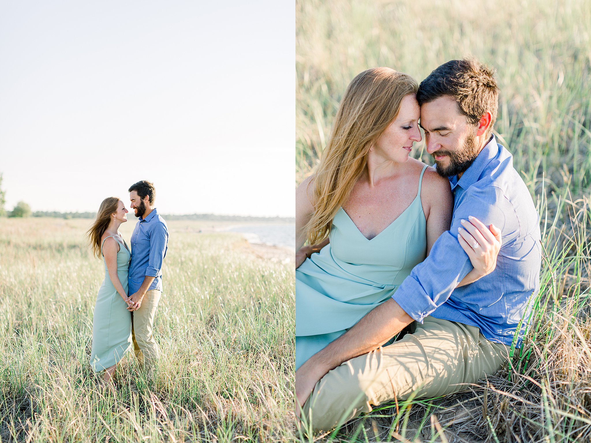 Bride and groom smile at each other during Peterson Beach Sleeping Bear Dunes engagement session.