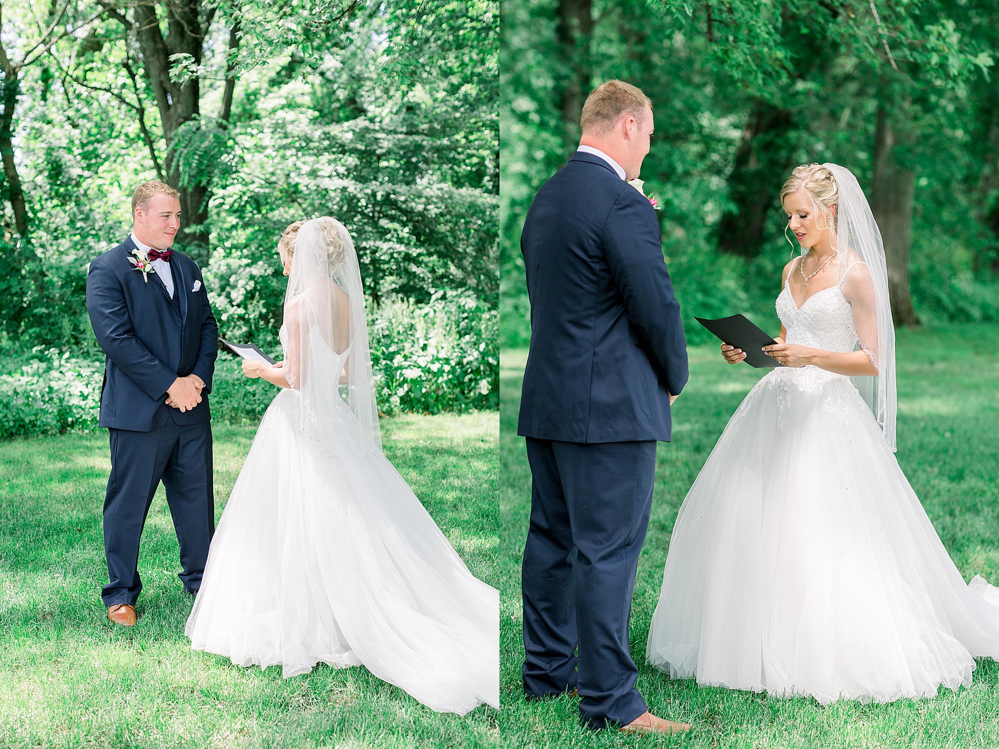 Bride reads letter to groom during first look at Post Family Farm Wedding