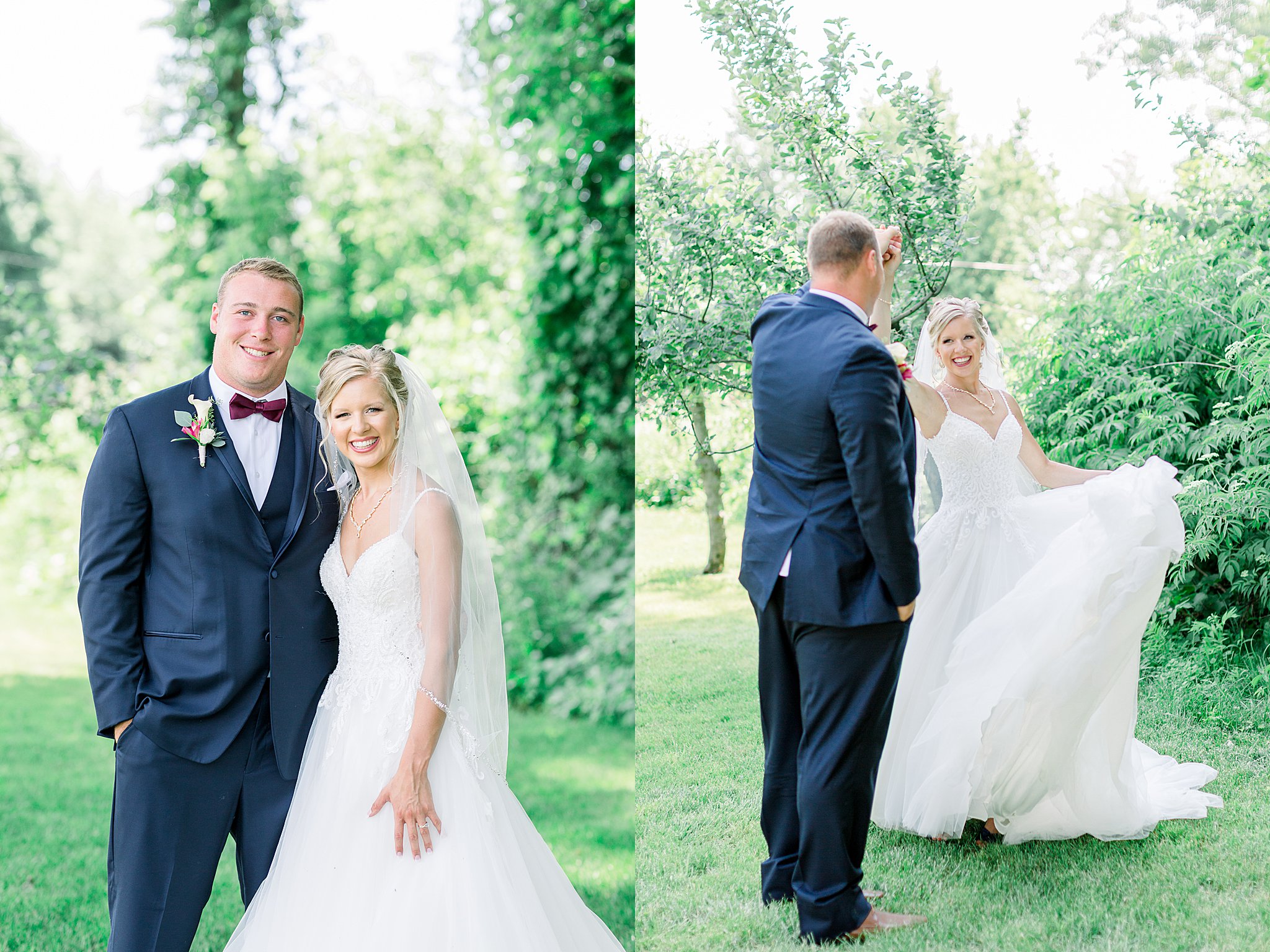 Groom twirls bride to see her dress during Post Family Farm Wedding