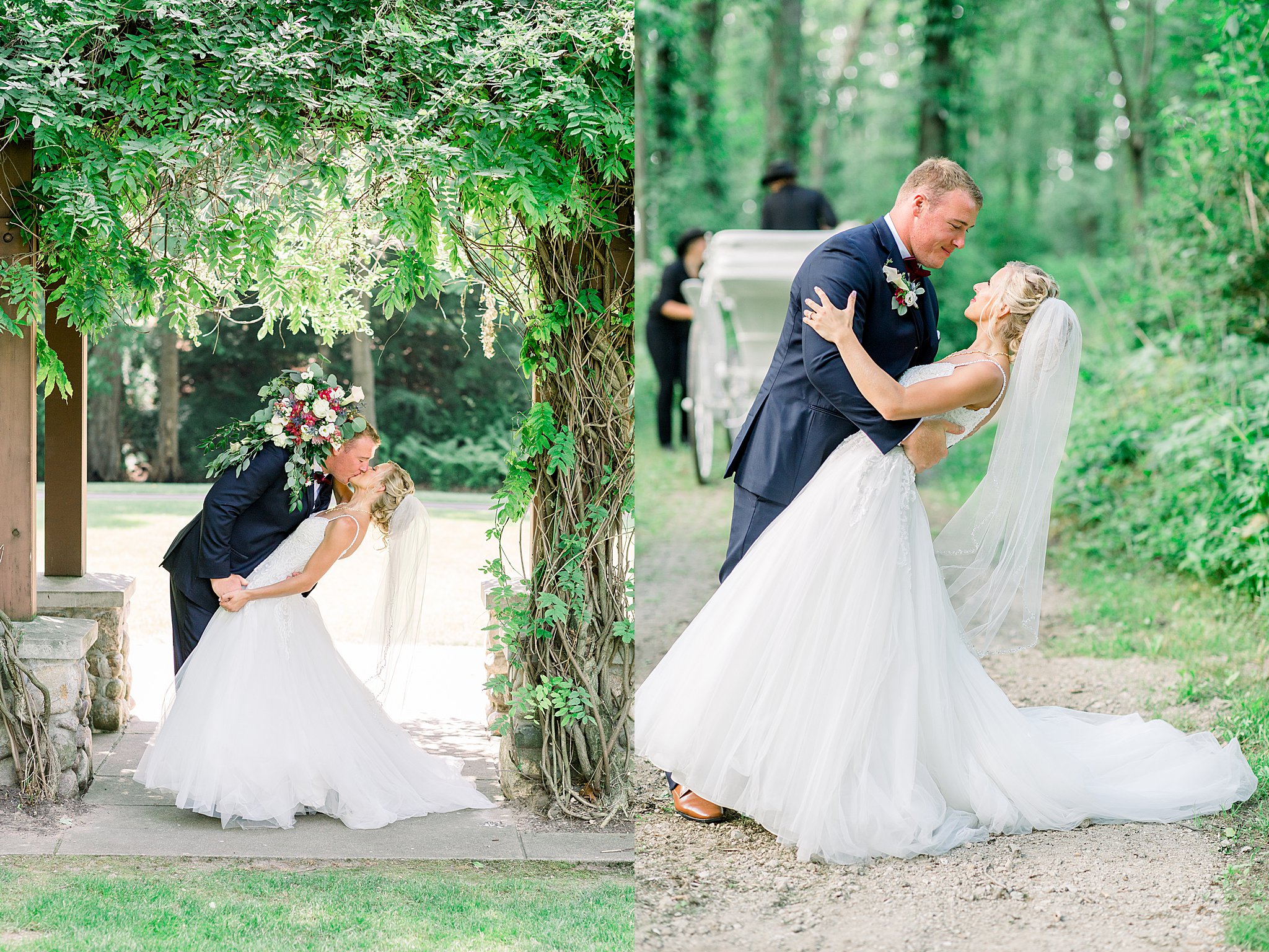 Groom dips bride for a kiss during Post Family Farm Wedding