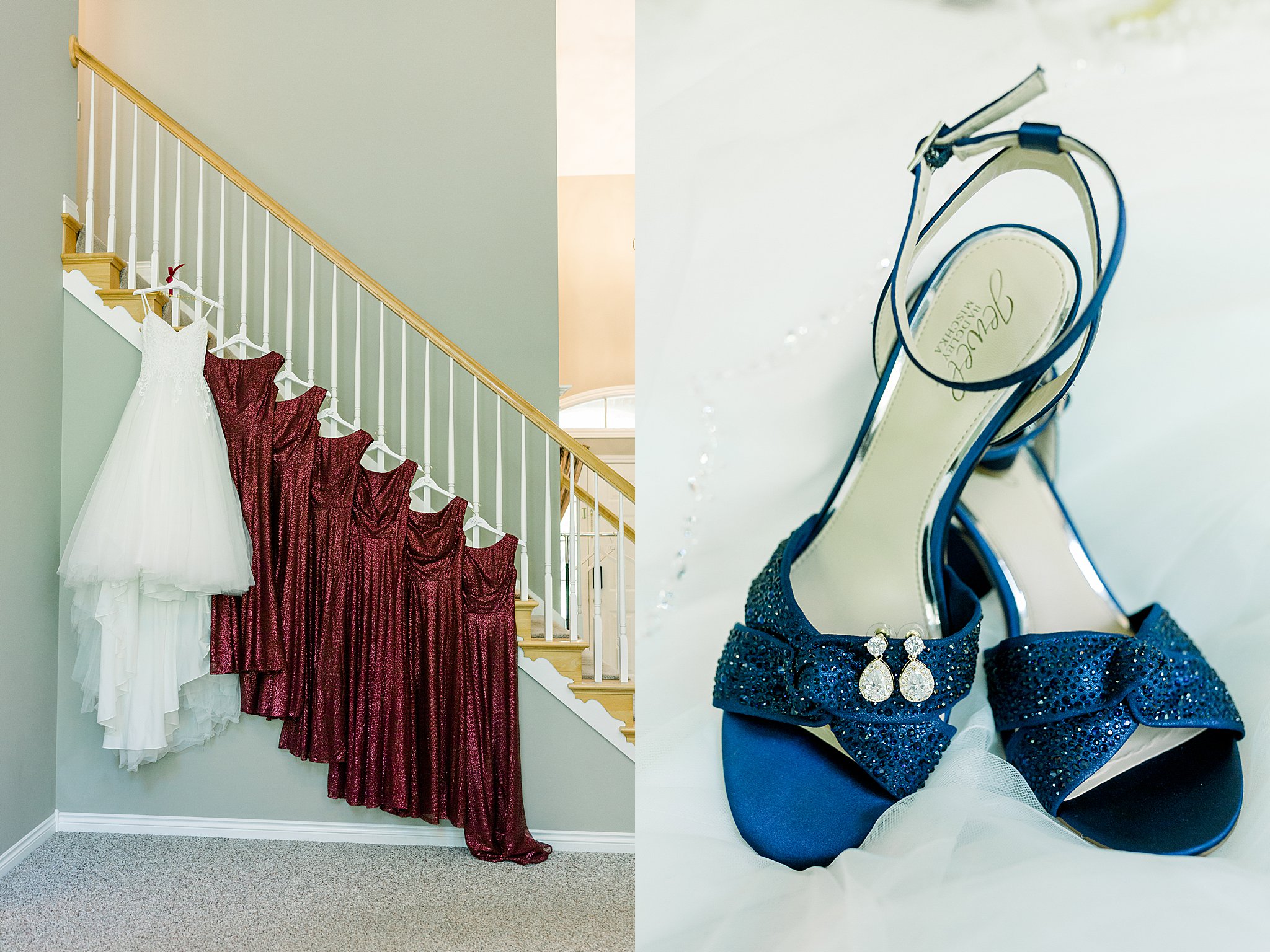 Bride's dress with bridesmaid's dresses on staircase during Post Family Farm Wedding