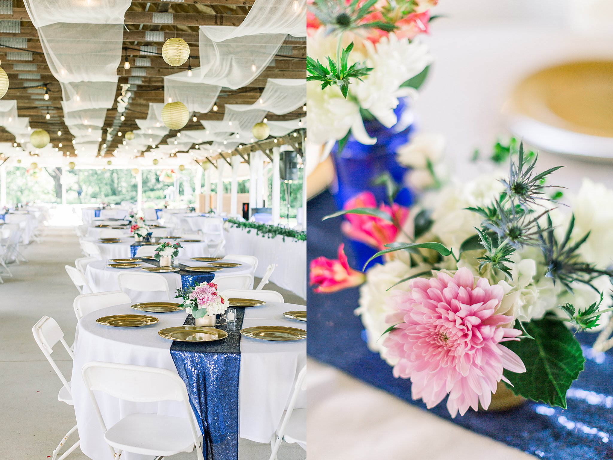 Reception setup and florals for Post Family Farm Wedding