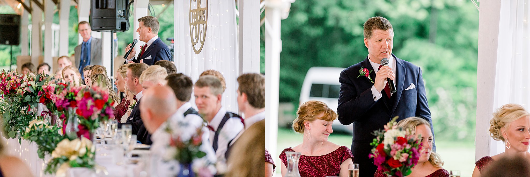 Father of the bride gives speech during dinner at Post Family Farm Wedding