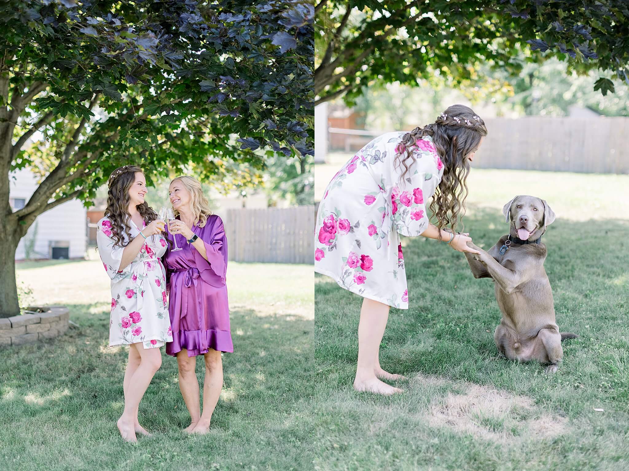 Bride and Mother of Bride toast with mimosas before Michigan Summer Backyard Wedding