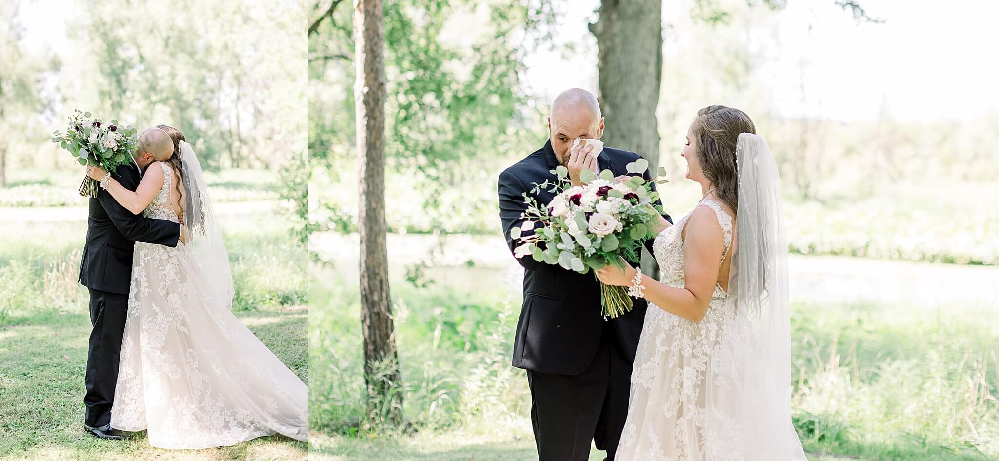 Groom cries during first look at Michigan Summer Backyard Wedding