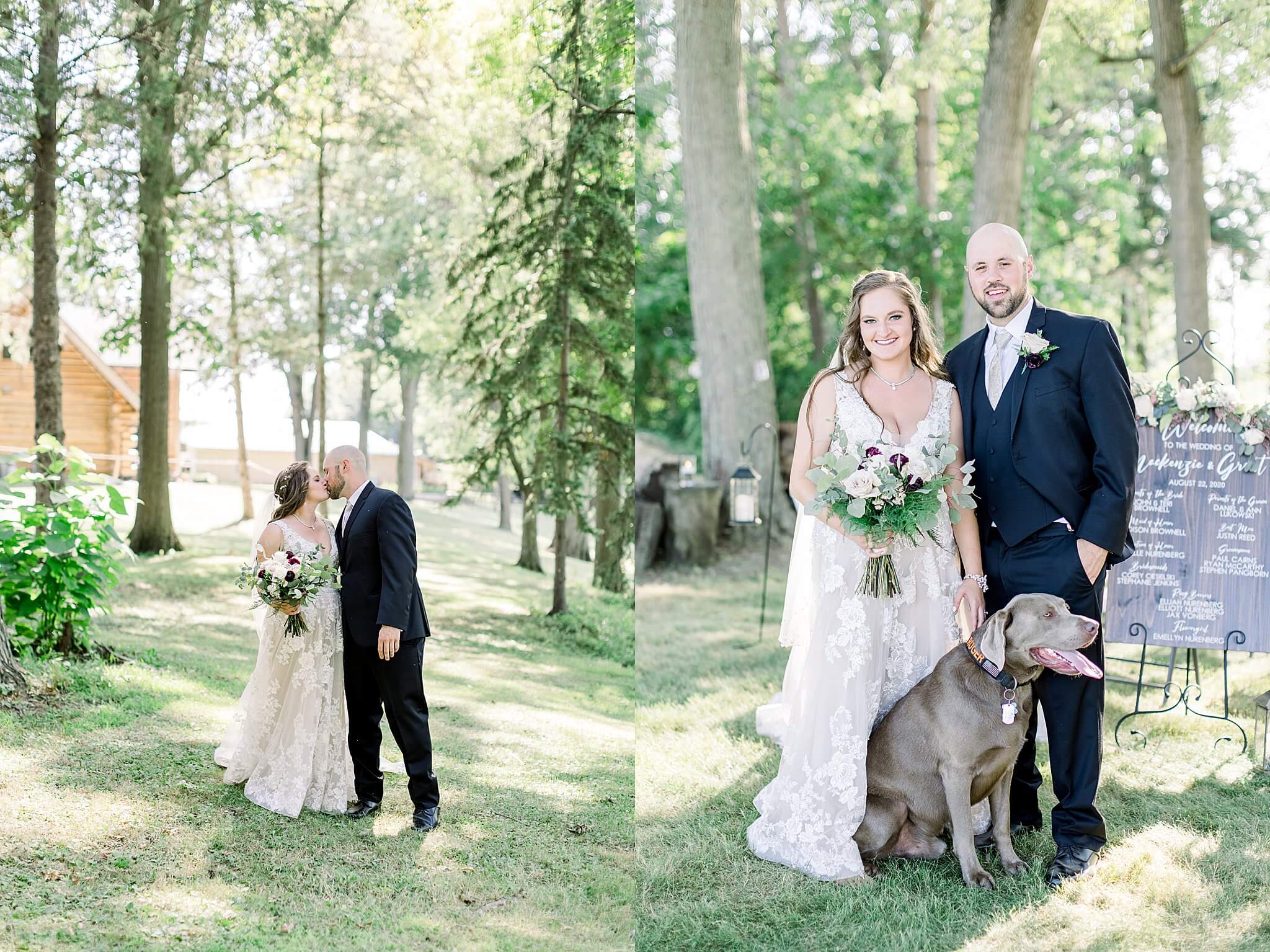 Bride and groom pose with their dog during Michigan Summer Backyard Wedding
