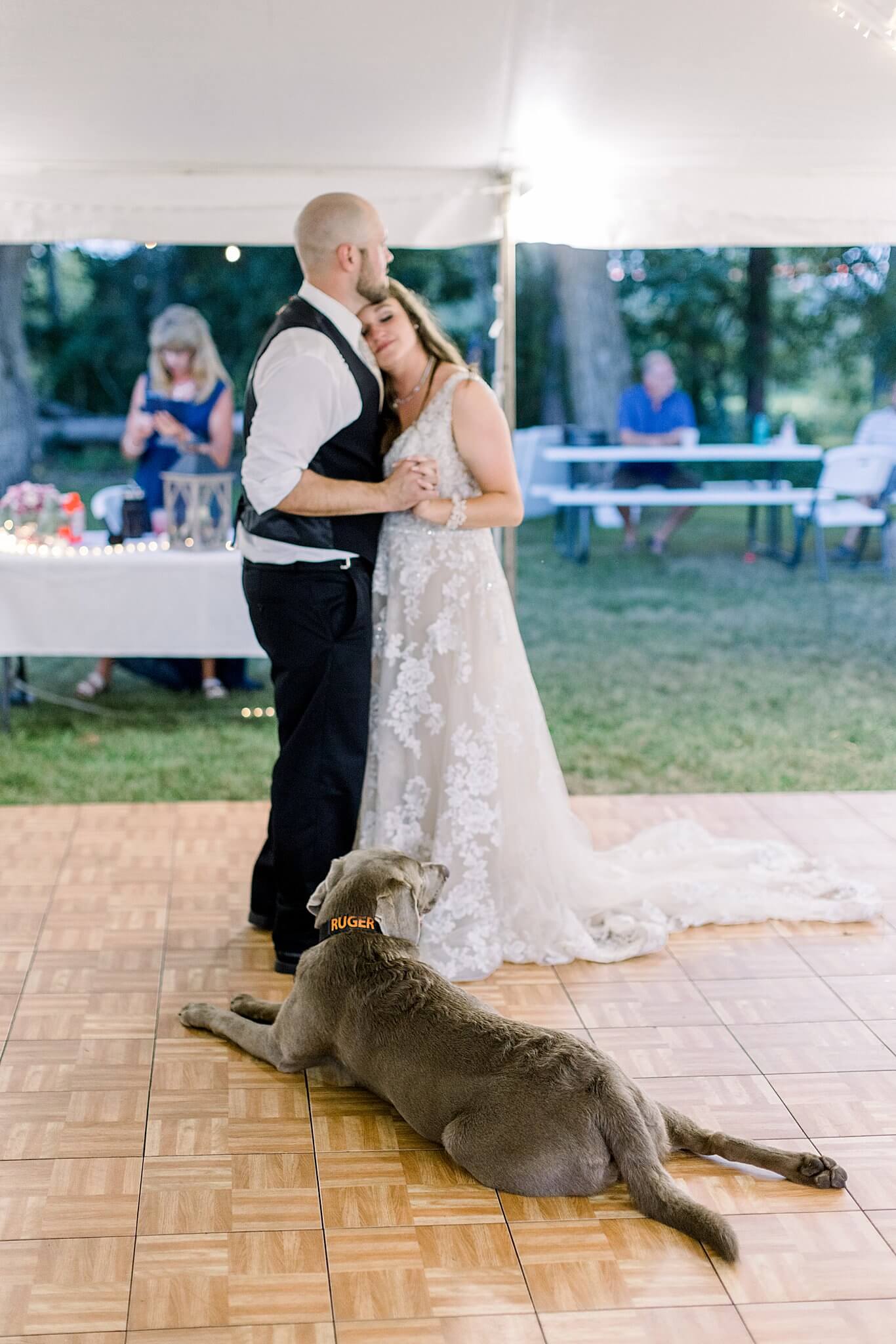 Bride and Groom's dog sploofs on dance floor during first dance at Michigan Summer Backyard Wedding.